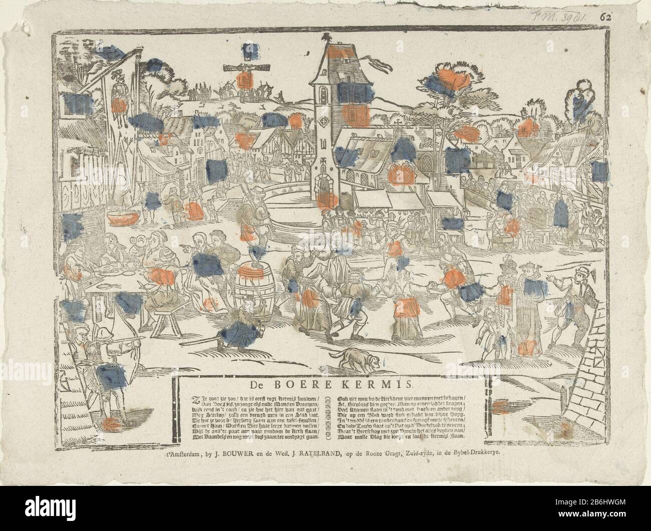 Das Boere Fairground (Titelobjekt) Leaf mit einer großen Darstellung eines Bauern in einer Dorfmesse. Dorfbewohner essen, trinken und tanzen gern. Im Hintergrund stehen Marktstände für die Kirche, eine Prozession mit einem heiligen Bild des heiligen Nikolaus und schießen den Papagei. Links hängend aus dem Fenster eines gasthauses ein Banner mit einem Bogenschützen (St. Sebastian?). Im unteren Rand eine Verse in zwei Spalten. Oben rechts nummeriert: 62. Hersteller: Herausgeber: Bauherr und Witwe John Ratelband (II), John (denkmalgeschütztes Gebäude) Druckerhersteller: Anonymer Ort Herstellung: Herausgeber: Amsterdam Print Maker: Nordholland Stockfoto