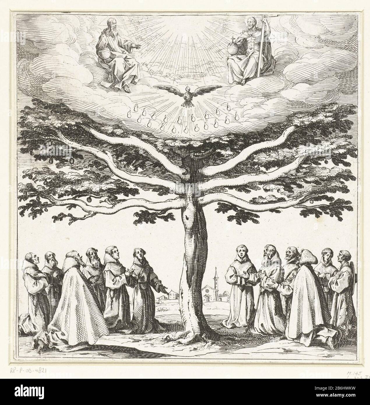 Der Baum des Heiligen Franziskus Zwölf unter einem Baum kniende franziskanische Mönch, Wo: Über der Heiligen Dreifaltigkeit Gott (links) mit Orb, Christus (rechts) mit Kreuz und Orb und der Heilige Geist in Form einer Taube gesehen wurde. Im Hintergrund hinter dem Baum stehen eine Kirche und einige Häuser zum zien. Hersteller : Druckerhersteller Jacques CallotPlaats Herstellung: Nancy Datum: 1621 - 1625 Physikalische Merkmale: Ätzmaterial: Papiertechnik: Ätzmaße: Plattenkante: H 191 mm × W 190 mm Betreff: Klösterliche Orden, klösterliches Leben: Franciscansde Heilig Dreifaltigkeit, 'Trinitas Coelestis; Vater, Sohn und Heiliger Geist  Christian re Stockfoto