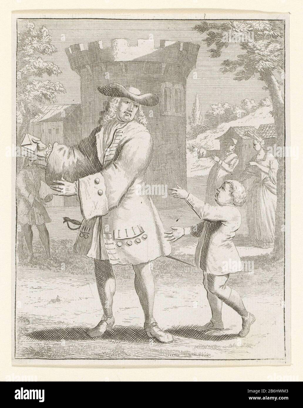 Der Postbote Jongetje im Mann mit einer kurzen. Hersteller: Druckmaschine: Pieter van den Berge (möglich) zu bestellen von: Pieter van den Berg Datum: 1675 - 1737 Material: Papiertechnik: Engra (Druckverfahren) Abmessungen: H 162 mm (Schnitt) b × 129 mm (Schnitt) Stockfoto