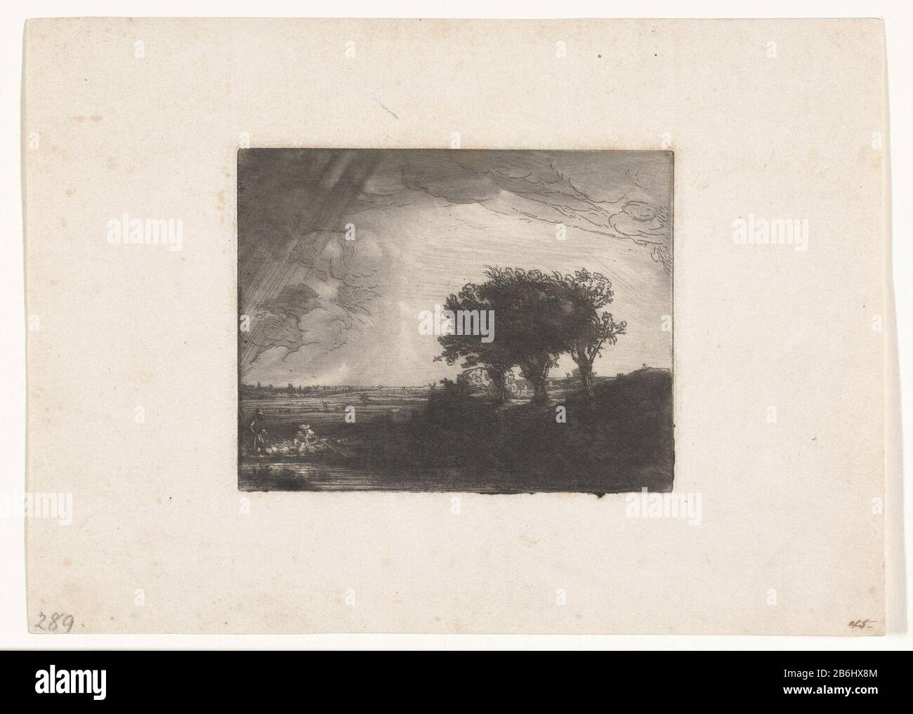 Die drei Bäume Die drei Bäume Objekttyp: Bild Artikelnummer: RP-P-1957-427Katalogisreferentie: Neu Hollstein Hollstein Holländisch und Flämisch (Rembrandt-Text) 214-Kopie i Aufschriften / Marken: Sammlermarke, Verso, gestempelt: Lugt 2228 Sammlermarke, Verso, gestempelt : Lugt 2760 Hersteller: Druckmaschine: Anonym zu drucken von: Rembrandt van Rijn Datum: Rijn Datum: Nach 1643 Material: Papiertechnik: Ätzung / Mezzotinmaße: Plattenkante: H 89 mm × W 114 mm Betreff: Landschaftsbaum Stockfoto