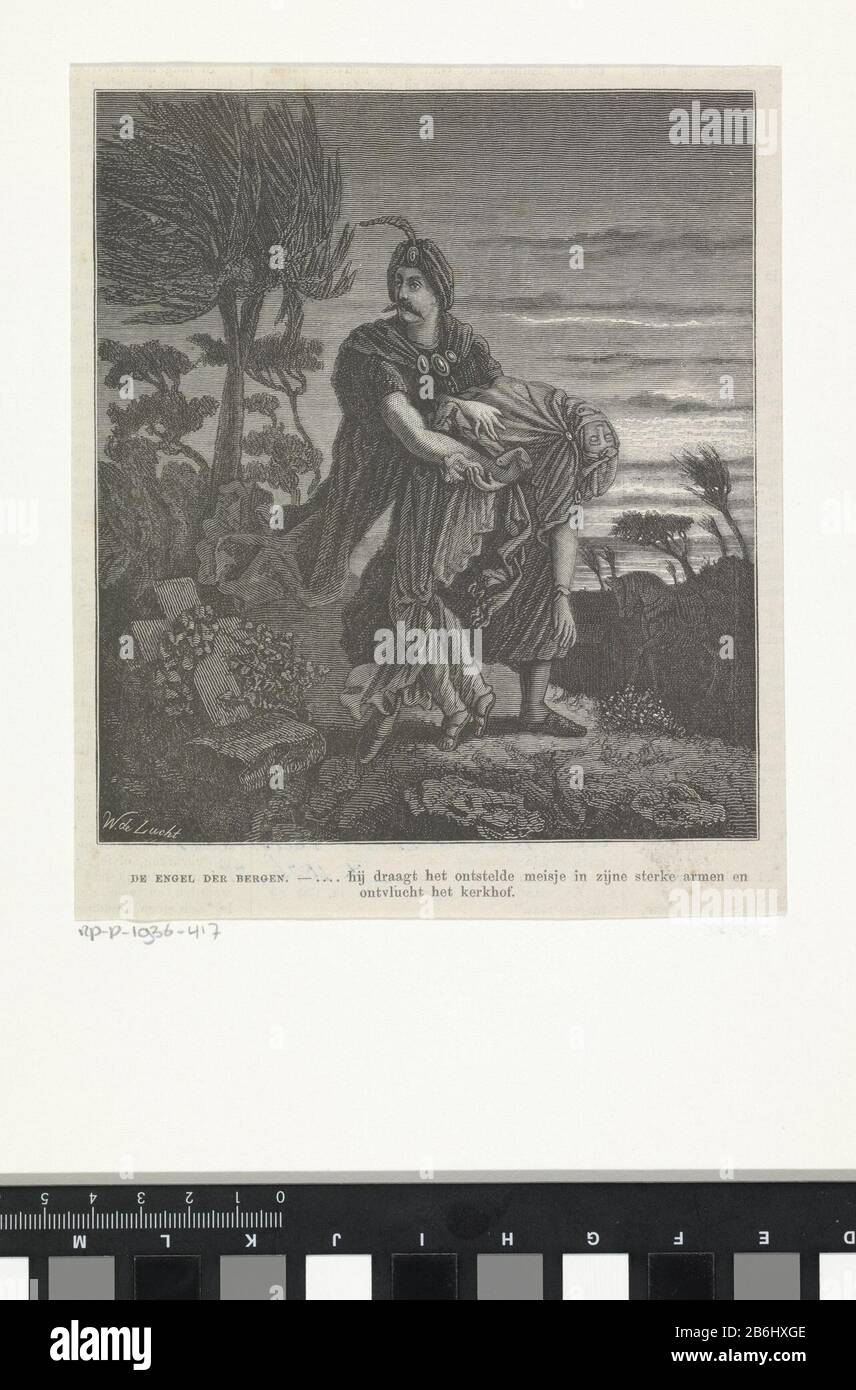 Der Engel der Berge (Titelobjekt), Ein Mann, traf auf eine Tulband, die auf einem gesluierd war, und auf den "bewusteloos meisje een kerkhof uit". OP de achtergrond staat een paard. Hersteller : Hersteller: Willem de Lucht (vermeld op object)Plaats Herstellung: Nederland dating: 1876 - 1877 Physical kenmerken: Houtgravure en tekst in boekdrauk Material: Papier Techniek: Houtgravure / boekdrauk Abmessungen: Blad: H 176 mm × b 149 mmToelichPrent: De Katholatie illustrie. 1876-1877. Betrifft: Kopfbedeckung: Turbanveilhorseschurchyard, Zemeteryunbewusstsein Stockfoto