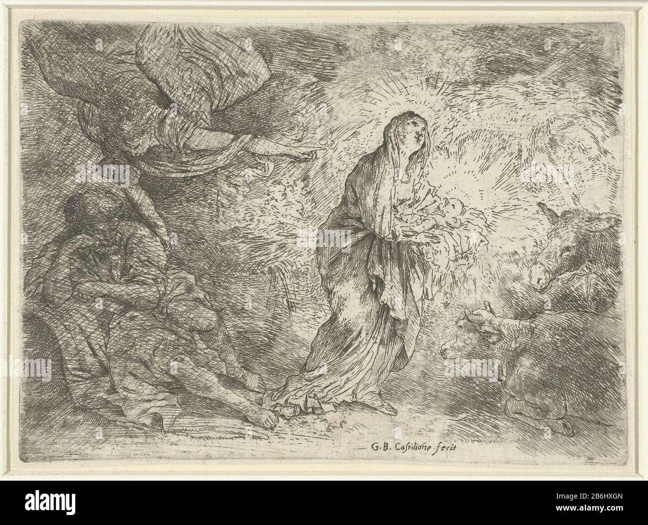 Der Engel erscheint Joseph Maria mit dem Christuskind in den Armen im Stall, links steht der schlafende Josef, der von einem Engel geweckt wurde und die Geburt des Kindergewezens. Hersteller : Druckmaschine Giovanni Benedetto Castiglione (denkmalgeschütztes Gebäude) im Entwurf: Giovanni Benedetto CastiglionePlaats Herstellung: Italien dating : 1645 - 1649 Physikalische Merkmale: Ätzmaterial: Papiertechnik: Ätzmaße: Plattenkante: H 136 mm × W 186 mm Betreff: Maria, Joseph und der neugeborene Christus (Geburt) Stockfoto