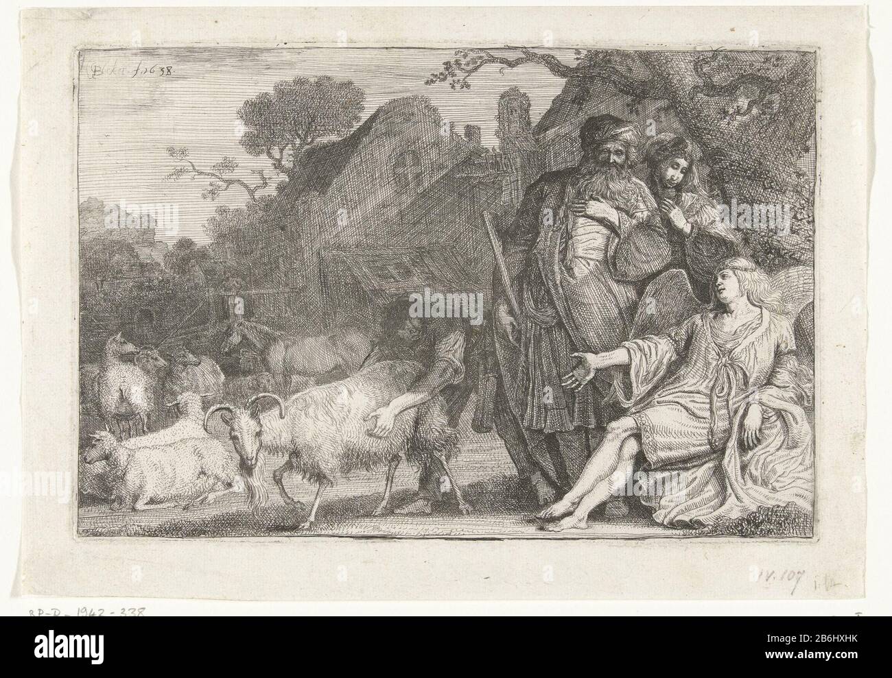 Der Engel versprach Abraham, einem Sohn Einen Engel, der Abraham Sara und die Geburt ihres Sohnes Isaac voraussagt. Der Engel sitzt unter einem Baum, Abraham und Sarah neben ihm. Ein Junge hält die Tiere im Schlafengehen zu Hause. Hersteller : Druckerhersteller Gerrit Bleker (Listed Property) Ort Herstellung: Haarlem dating: 1638 Physikalische Merkmale: Ätzmaterial: Papiertechnik: Ätzmaße: Plattenkante: H 142 mm × W 214 mm Betreff: Der Besuch der drei Engel (Three Men)  Geschichte von Abraham (Genesis 18) Stockfoto