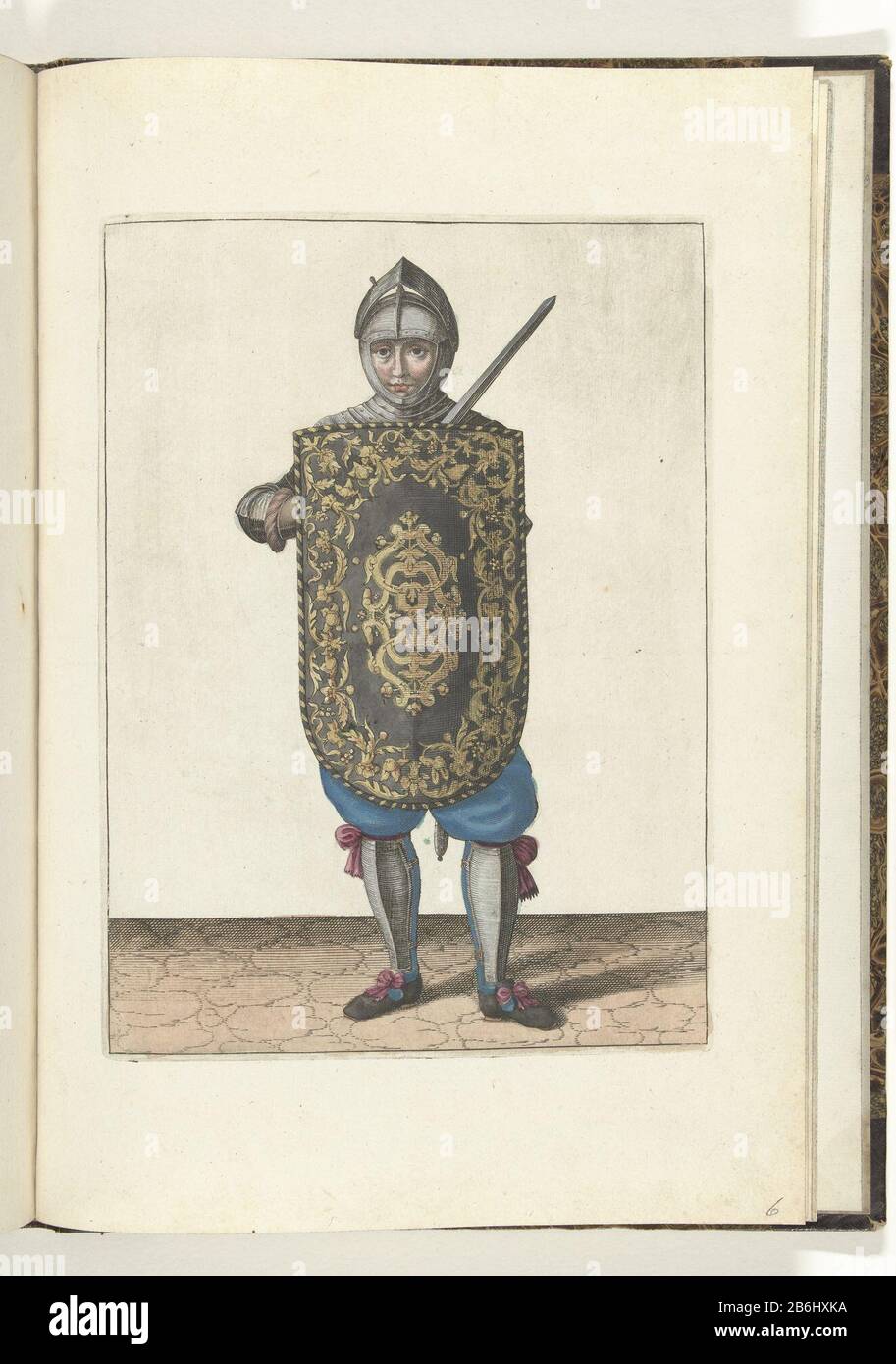 Die Übung mit dem Vergewaltiger Targe und dem Soldaten hält die Targe vor der Brust und der Vergewaltiger zog gegen die linke Schulter (Nr. 6), 1618 die Übung mit Targe und Vergewaltiger: Der Soldat hält die Targe für die Brust und zog Vergewaltiger gegen die linke Schulter, 1618. Teil der Illustrationen: Adam van Breen, Nassauische Waffenhandel / Kurzer Post unnd Ahnzeigungh auff which Ab-bildungh of the Figures / den rights brauch all of the jedered jenigen / so von einem Soldiers NUTS / in der Handlung Targa, in dem Degen, 1618, plate no [6]. Um 1600 sein. Hersteller Stockfoto