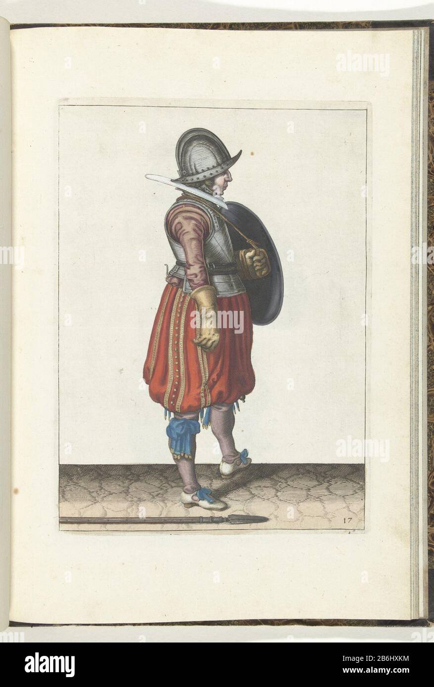 Die Übung mit Schild und Speersoldat mit Schild und Speer bereit neben seinem rechten Fuß auf dem Boden (Nr. 17), 1618 die Übung mit Schild und Speer: Der Soldat mit dem Schild bereit und der Speer neben seinem rechten Fuß auf dem Boden, 1618. Teil der Illustrationen: Adam van Breen, Nassauische Waffenhandel, 1618, Platten-Nr 17. Um 1600 sein. Hersteller : zu einem Entwurf von: Adam van Bree Druckautor: Anonymer Standort Herstellung: Nordholländer Datum: 1616 - 1618 Physische Eigenschaften: Enna, handfarbenes Material: Papiertechnik: Handfarbe / Engra (Druckverfahren Stockfoto