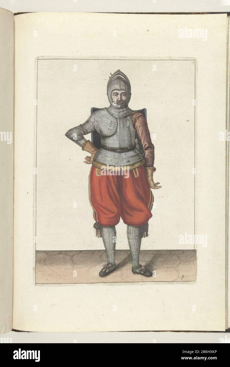 Die Übung mit dem Vergewaltiger Targe und dem Soldaten in Ruhe mit der Targe auf dem Rücken (Nr. 1), 1618 die Übung mit Schild und Speer: Fünf nebeneinander stehende Soldaten im Gelenk mit dem Speer in der rechten Hand ruhen auf dem Boden und schirmen die Brust ab, 1618. Teil der Illustrationen: Adam van Breen, Nassauische Waffenhandlung / Kurzer-Botschaft und Ahnzeigunghauff, die Ab-Bildh der Figuren / den Rechten brüllt alle jeweiligen Jenigen / so von einem Soldaten Nüsse / in der Handlung Targa, in dem Degen, 1618, Platte Nr. 1. Um 1600 sein. Hersteller:. Bis Stockfoto