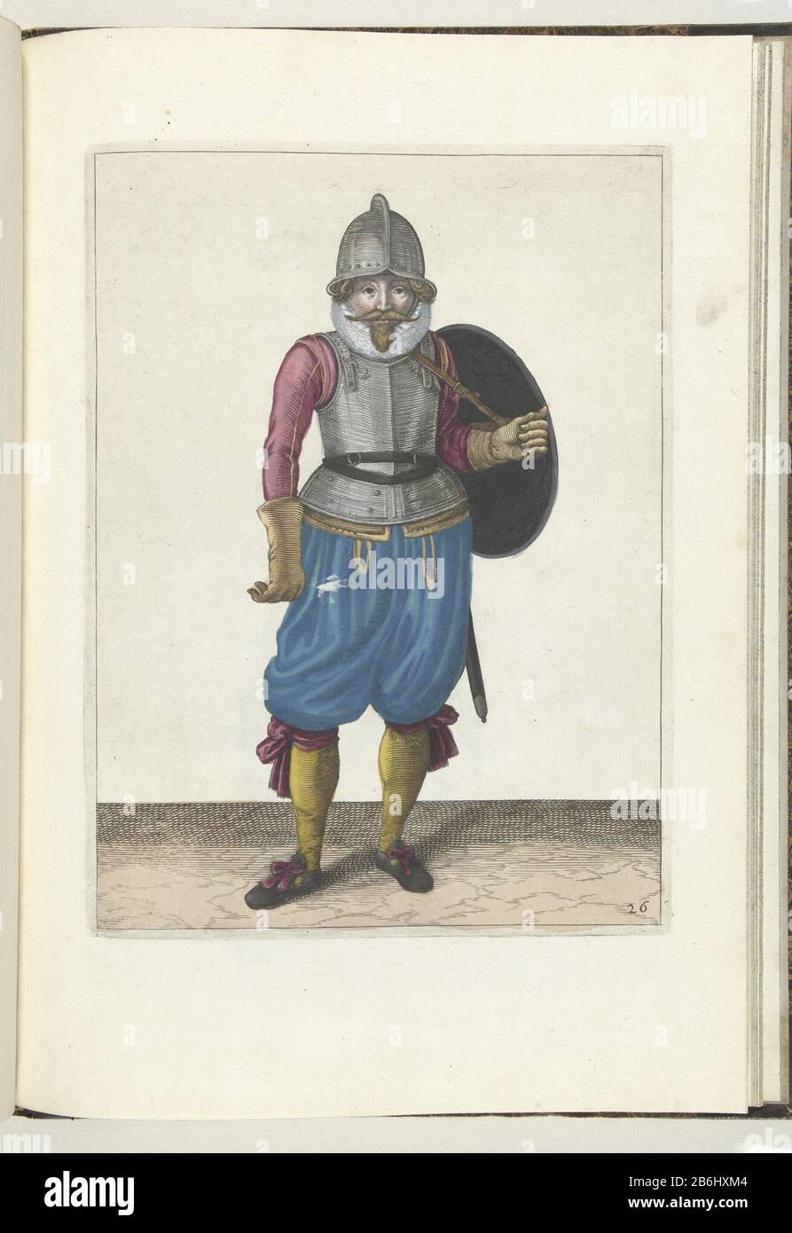Die Übung mit Schild und Spieß, die der Soldat mit dem linken Arm zurückbringt, bringt den Schild auf den Rücken (Nr. 26), 1618 die Übung mit Schild und Spieß: Der Soldat bringt mit dem linken Arm den Schild zurück auf den Rücken, 1618. Teil der Illustrationen in: Adam van Breen, Nassauische Waffenhandel, 1618, Platte Nr. 26. Um 1600 sein. Herstellung Vervaardiger: Nach einem Entwurf von: Adam van Bree Autor: Anonymer Standort Herstellung: Nordniederland Datum: 1616 - 1618 Physische Eigenschaften: Enna, handfarbenes Material: Papiertechnik: Handfarbe / Engra (Druckverfahren) Meas Stockfoto