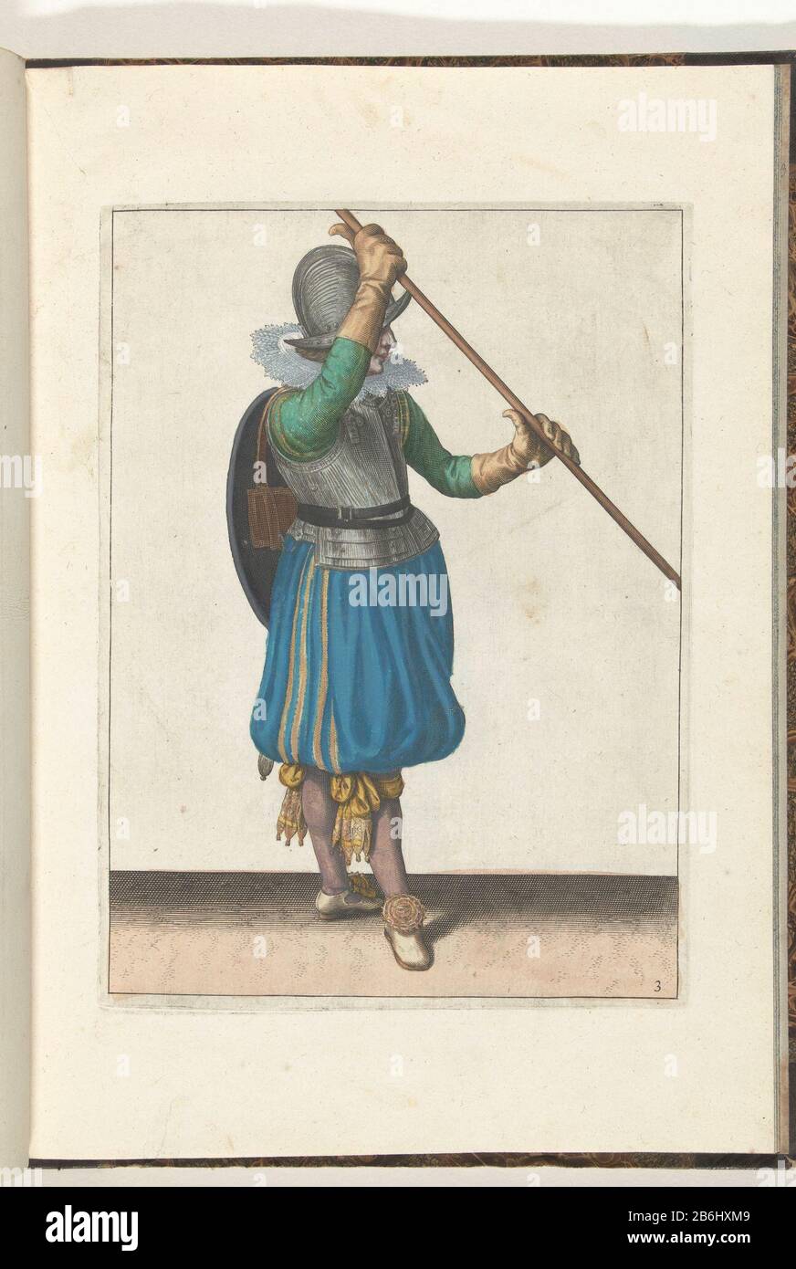 Die Übung mit Schild und Spieß des Soldaten mit dem Speer schräg in beiden Händen, mit der rechten Hand am Kopf und dem Schild auf dem Rücken (Nr. 3), 1618 die Übung mit Schild und Speer: Der Soldat mit dem Speer diagonal in beiden Händen mit der rechten Hand zum Kopf und Schild auf dem Rücken, 1618 die Illustrationen zum Teil: Adam van Breen, Nassauische Waffenhandlung, 1618, Platte Nr. 3. Um 1600 sein. Hersteller : zu einem Entwurf von: Adam van Bree Autor: Anonymer Ort Herstellung: Nordniederland Datum: 1616 - 1618 Körperliche Merkmale:. Tiefdruck, Hand-c Stockfoto
