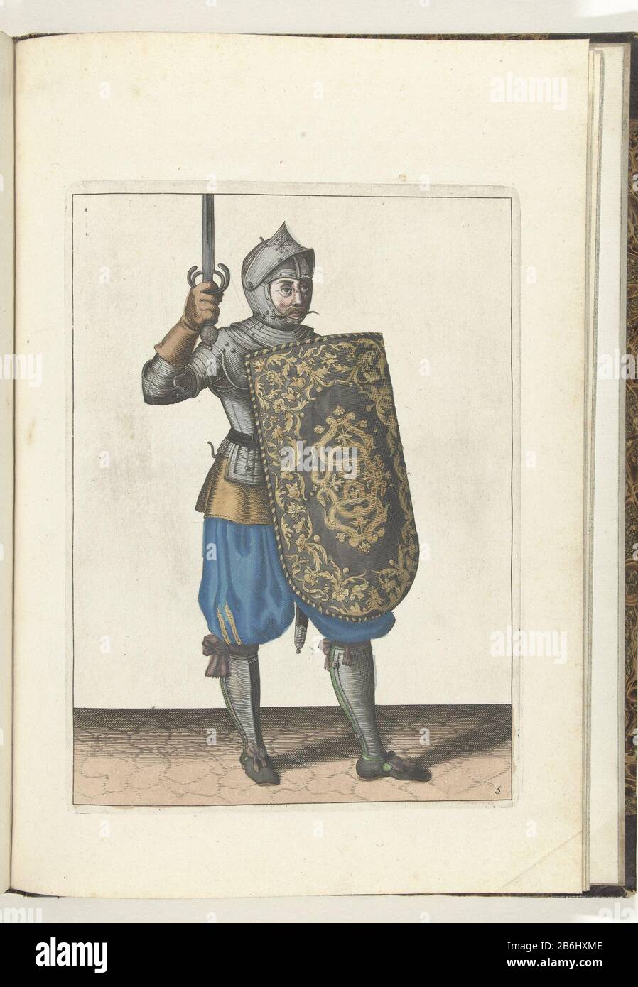 Die Übung mit dem Targe und dem Vergewaltiger, der den gezogenen Vergewaltiger hält, überschreitet nicht sein Gesicht (Nr. 5), 1618 die Übung mit dem Targe und Vergewaltiger: Der Soldat, der den gezogenen Vergewaltiger nicht höher hält als sein Gesicht, 1618. Teil der Illustrationen: Adam van Breen, Nassauische Waffenhandel / Kurzer Post unnd Ahnzeigunggh auff Ab-bilgh of Figures / den rights brauch all of jenigen jew. / so einem Soldaten von Noten / in der Handlung The Targa, with dem Degen, 1618, plate # 5. Um 1600 sein. Hersteller :., entworfen von Adam Bree Print Autor: Anonymer Ort Herstellung: Nord Stockfoto