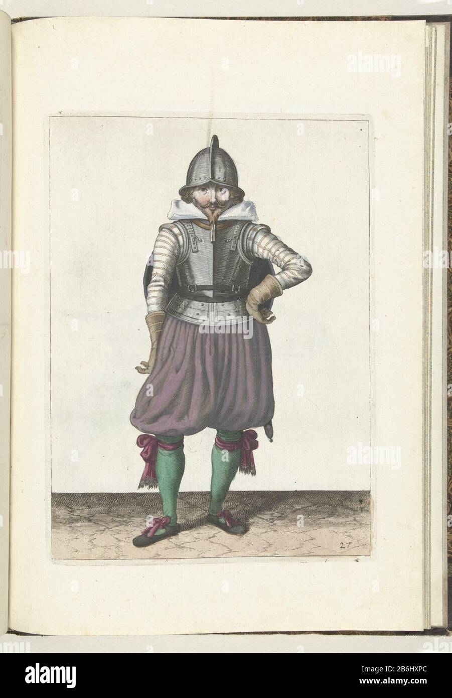 Die Übung mit Schild und Spieß des Soldaten, der in Ruhe mit dem Schild auf dem Rücken steht (Nr. 27), 1618 die Übung mit Schild und Spieß: Der Soldat, der in Ruhe steht, mit dem Schild auf dem Rücken, 1618. Teil der Illustrationen in: Adam van Breen, Nassauische Waffenhandel, 1618, Nr. Platte 27. Um 1600 erhalten. Hersteller .: Zu einem Entwurf von: Adam van Bree Autor: Anonymer Ort Herstellung: Nordholland Datum: 1616 - 1618 Körperliche Merkmale: Enna, handfarbenes Material: Papiertechnik: Handfarbe / Engras (Druckverfahren) Maße: Plattenkante: H 260 Stockfoto