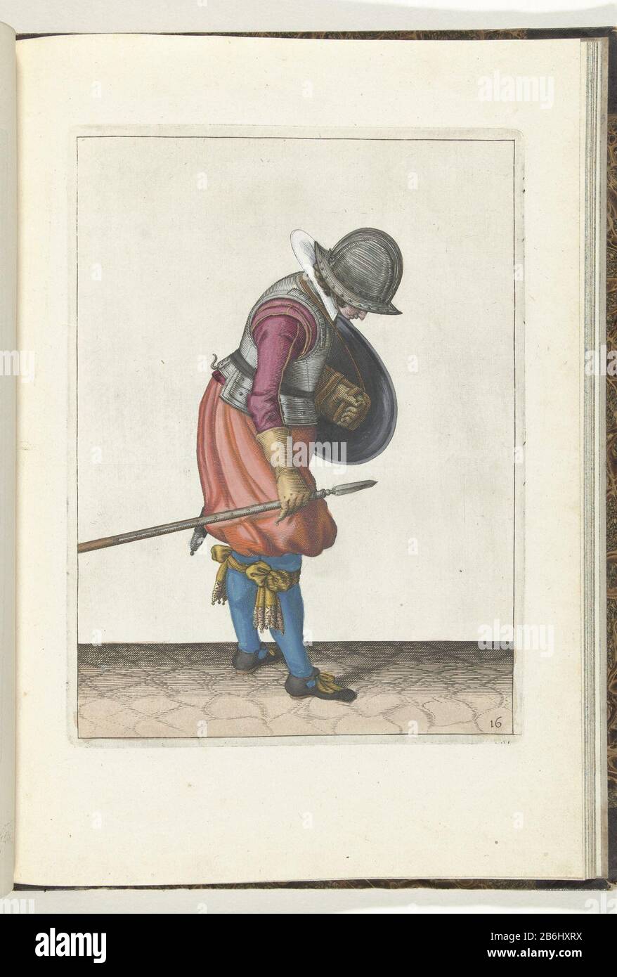 Die Übung mit Schild und Speersoldat stellt den Speer neben seinem rechten Fuß auf den Boden (Nr. 16), 1618 die Übung mit Schild und Speer, stellt der Soldat den Speer neben seinen rechten Fuß auf den Boden, 1618. Teil der Illustrationen: Adam van Breen, Nassauische Waffenhandel, 1618, Platte Nr. 16. Um 1600 sein. Hersteller .: Zu einem Entwurf von: Adam van Bree Autor: Anonymer Ort Herstellung: Nordholland Datum: 1616 - 1618 Körperliche Merkmale: Enna, handfarbenes Material: Papiertechnik: Handfarbe / Engras (Druckverfahren) Maße: Plattenkante: H Stockfoto
