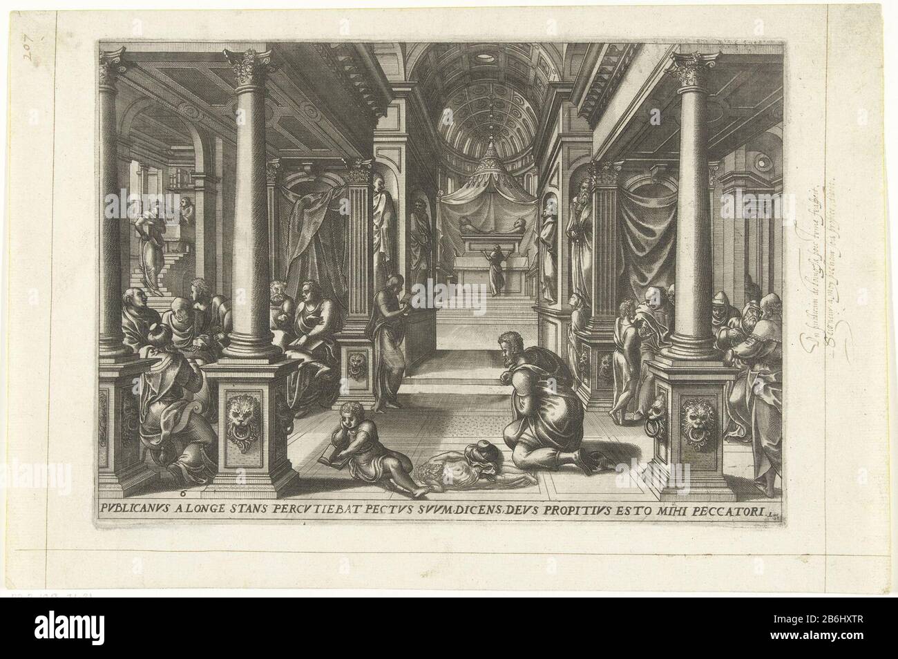 Der Pharisäer und der Publikaner in der tempelMemorabilivm Novi Testamenti in templo gestorvm icones Tredecim elegantissimi ac ornatissimi (Serientitel) Eigenschaft Typ: Print Seriennummer: 6 / 13Objectnummer: RP-P-1913-3431Catalogusentie: Neuer Hollreckstein Dutch 622, Stempel: 1 bis 28 Zeichen: Handschriftlich, Druckfarbe: 4 Zeichen: Handschrift: Handschrift: Handschrift: "UN publicain the loing sa porc trine frassoit [...]" Beschreibung: Ein Pharisäer betet im Tempel am Altar. Im Vordergrund kniet ein Zöllner. Er wagt es nicht, nahe zu kommen und Gott um Vergebung seiner si zu bitten Stockfoto