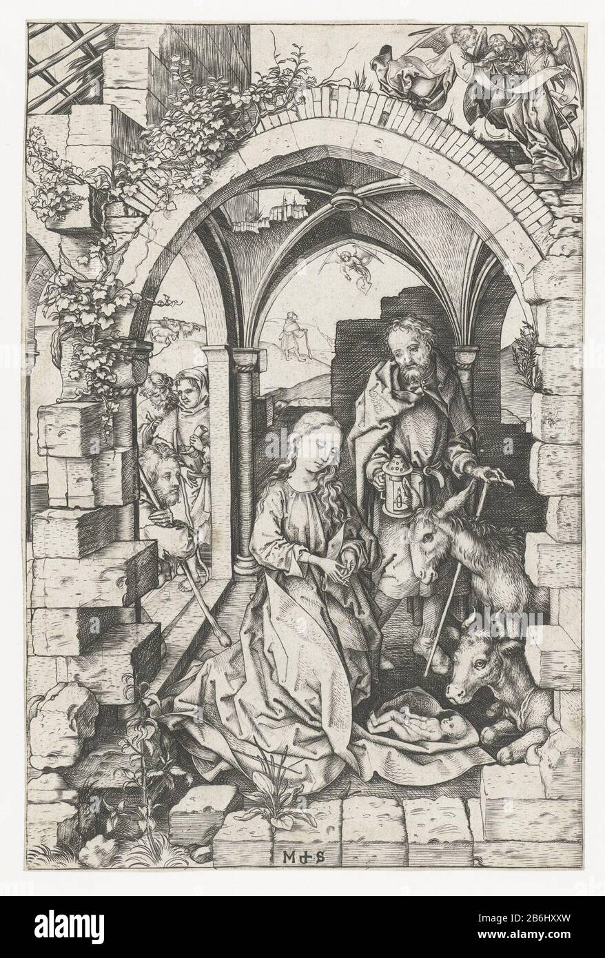 Die Geburt In einem baufälligen Gebäude kniet Maria am Christkind. Joseph stand mit einer Lampe neben ihr. Ein Ochse und eine Eseluhr. Einige Hirten kommen genau zum Gebäude. Im Hintergrund sieht man, wie ein Engel ihnen die Nachricht vom Geburtsgefecht Christi zeigt. Hersteller : Druckerhersteller Martin Schongauer (Listed Property) Ort Herstellung: Deutschland Datum: 1470 - 1490 Physikalische Merkmale: Fahrzeugmaterial: Papiertechnik: Enga (Druckverfahren) Abmessungen: Blatt: H 255 mm × W 168 mm Betreff: Anbetung des Christkindes durch Maria und Verjahung des Christkindes durch die Hirten; Mär Stockfoto
