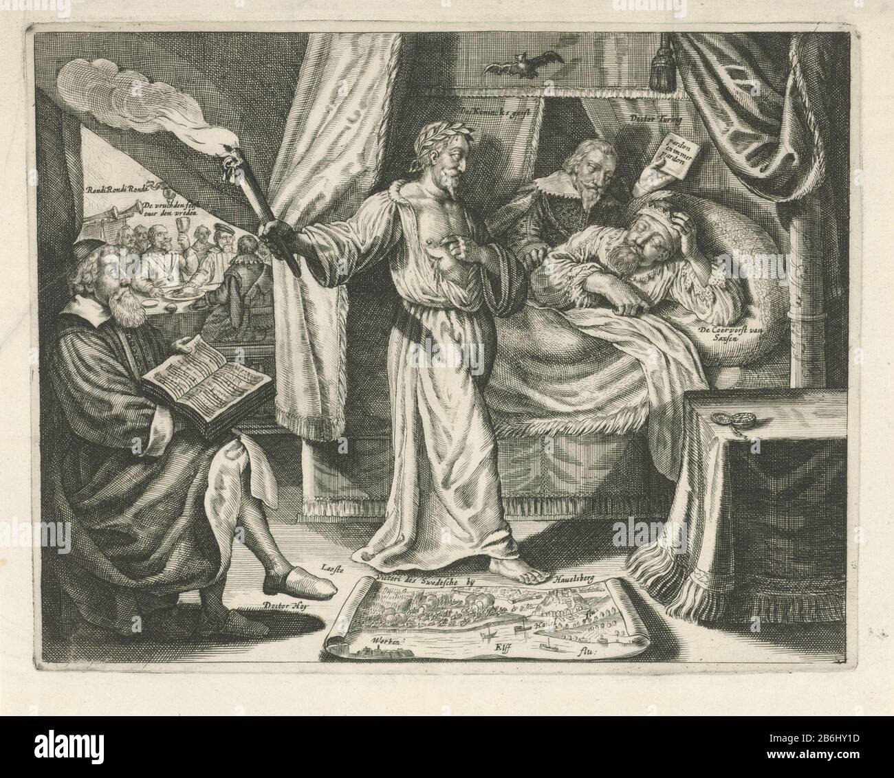 Der Geist von Gustavus Adolphus erscheint am Krankenbett des sächsischen  Kurfürst, 1635 Erscheint Der Geist von Gustavus Adolphus mit brennender  Fackel am Bettseitbett von Johannes Georg I., Kurfürst von Sachsen.  Anschuldigung des