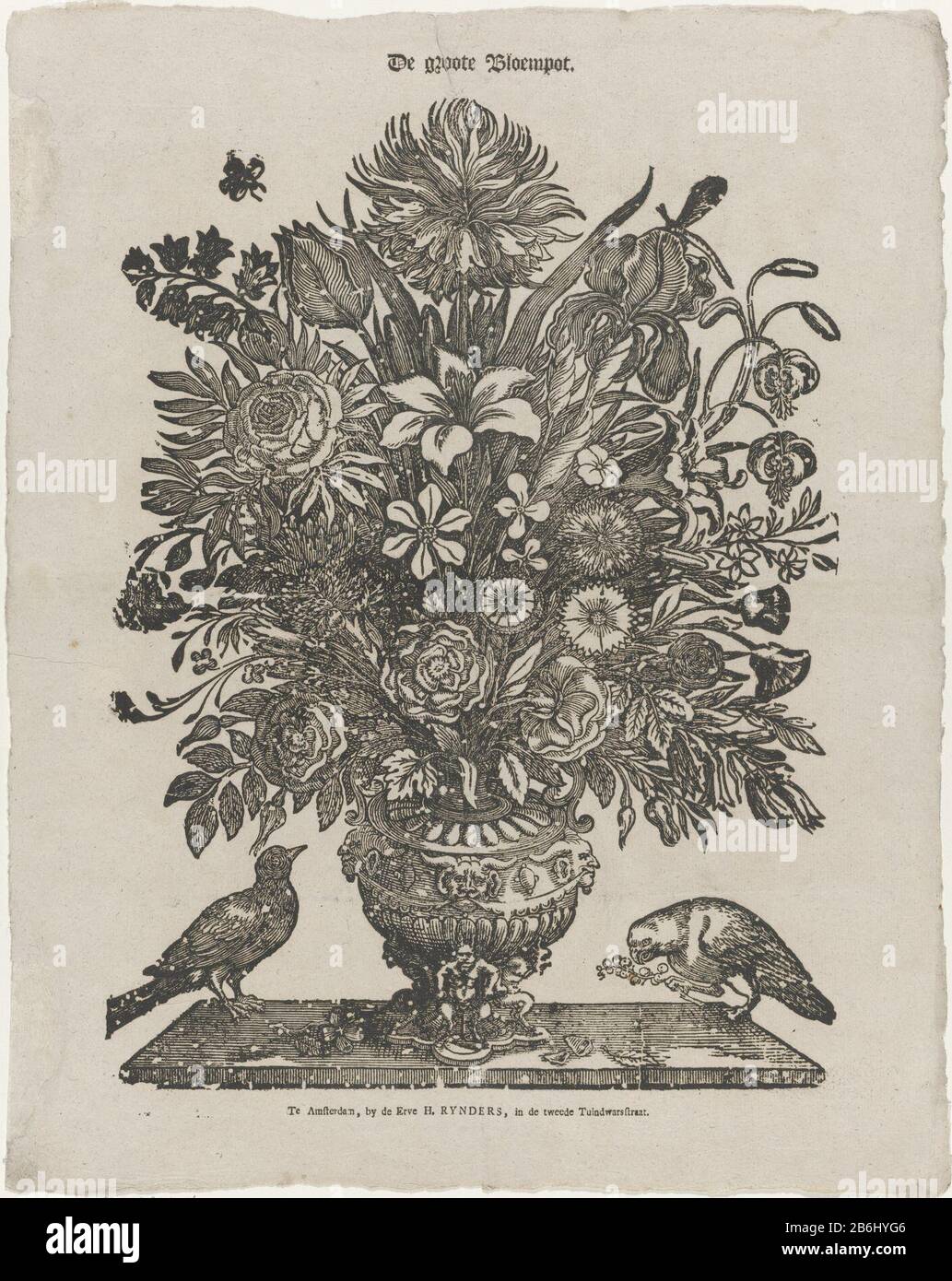 Das große Blumenpflaster (Titelobjekt) Leaf mit einer großen Darstellung einer Vase ein Bündel verschiedener Blumen. Neben der Vase zwei Vögel, Wo: Unter Papegaai. Hersteller: Druckmaschine: Anonymer Herausgeber: Preserve H. Rynders (Listed Property) Ort Herstellung: Druckmaschine: Netherlands Herausgeber: Amsterdam Datum: 1831-44 Physische Merkmale: Holzschnitt und Textdruckmaterial: Papiertechnik: Holzschnitt / Druckformate: Blatt: H 418 mm × W 331 mm Betreff: Blumen in einem Vasebirdsblumen Stockfoto