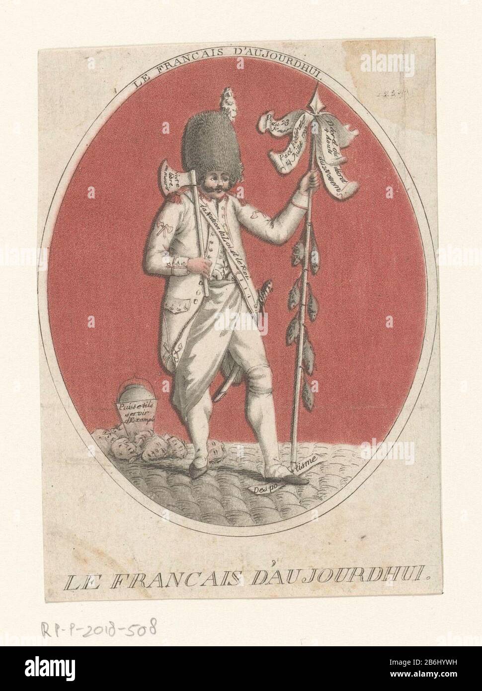Der zeitgenössische Franzose, das Jahr 1708 Le Francais D'Aujourdhui (Titelobjekt) heute Franzose, das Jahr 2008. Ein Sapper mit einer Axtschulter, hinter ihm ein Eimer mit abgetrennten Köpfen. Unter dem Fuß trampelt er Despotismus. Teil einer Gruppe von vier revolutionären Spots. Hersteller : Druckmaschine: Villeneuve Ort Herstellung: Paris Datum: 391 Physische Merkmale: Farb-Zwischotints mit Radierung in schwarz-rotem Material: Papiertechnik: Farbe Mezzotint / Ätzabmessungen: Blatt: H 118 mm × W 85 mm Betreff: Privatsoldat (+ Infanterie) Chef einer Person Französische Revolution, Wenn: Von 1791 bis zum Jahr 1791 Stockfoto Der zeitgenössische Franzose, das Jahr 1708 Le Francais D'Aujourdhui (Titelobjekt) heute Franzose, das Jahr 2008. Ein Sapper mit einer Axtschulter, hinter ihm ein Eimer mit abgetrennten Köpfen. Unter dem Fuß trampelt er Despotismus. Teil einer Gruppe von vier revolutionären Spots. Hersteller : Druckmaschine: Villeneuve Ort Herstellung: Paris Datum: 391 Physische Merkmale: Farb-Zwischotints mit Radierung in schwarz-rotem Material: Papiertechnik: Farbe Mezzotint / Ätzabmessungen: Blatt: H 118 mm × W 85 mm Betreff: Privatsoldat (+ Infanterie) Chef einer Person Französische Revolution, Wenn: Von 1791 bis zum Jahr 1791 Stockfoto