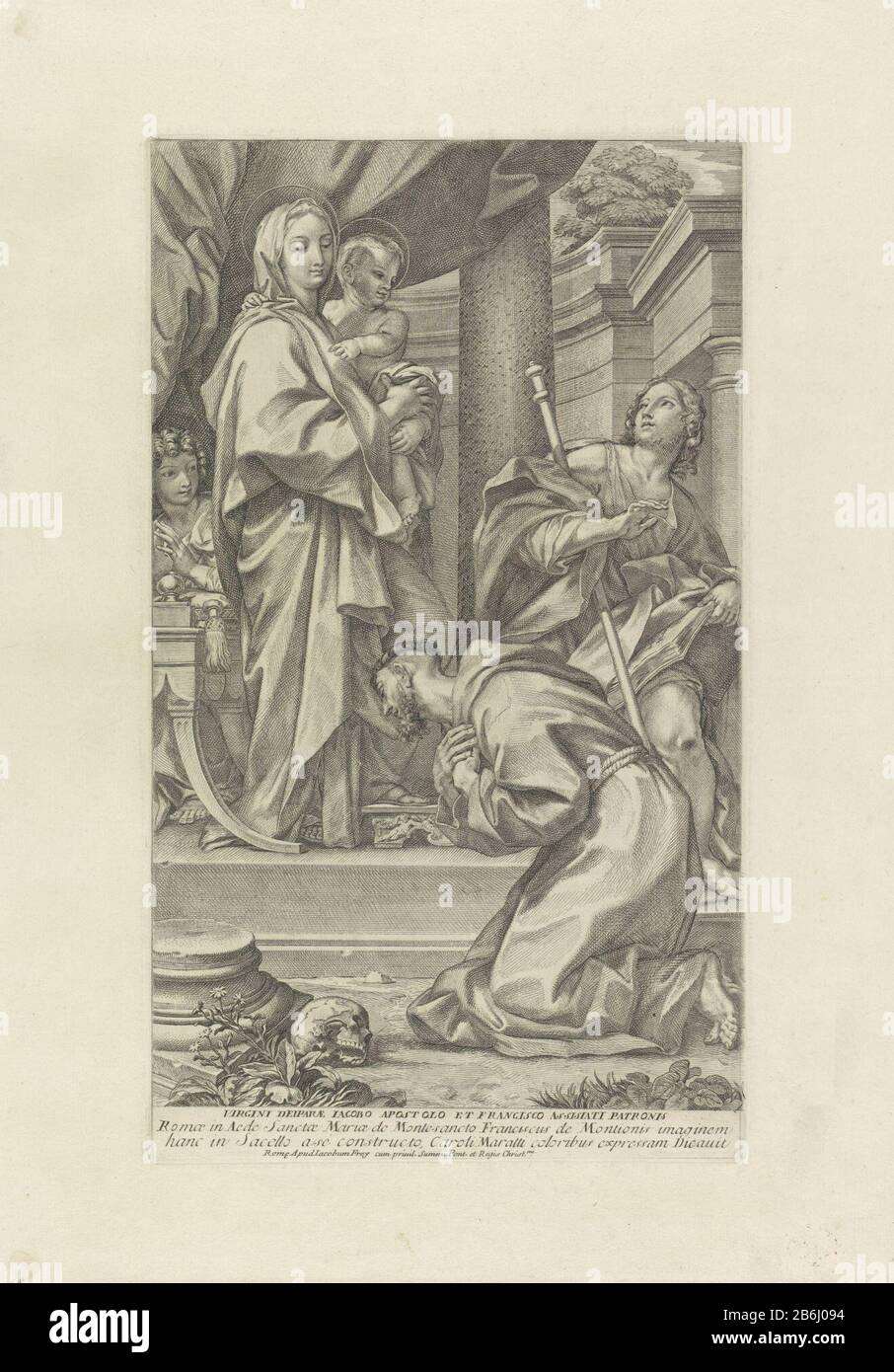 St. Franziskus und Jakobus der Größere zu Maria mit dem Christuskind Virginia deiparae Iacobo Apostolo et Francisco Assisiati Patronis (Titelobjekt) Maria ist mit dem Christuskind auf dem Arm auf einer Erhöhung. Eine Ebene nach unten kniet St. Franziskus. Right James ist Superior mit Personal und einem Blick. Hersteller : Druckerhersteller Giovanni Girolamo Frezzanaar Design: Carlo Maratti (börsennotiertes Eigentum) Privilegienanbieter: Papstgericht (denkmalgeschütztes Eigentum) Ort Herstellung: Druckerhersteller: Italien Zur Gestaltung: Italien Privilegienanbieter: Vatikan Datum: 1686 - 1748 Physische Merkmale: Fahrzeugmaterial: Papiertechnik: Enra (Printi Stockfoto