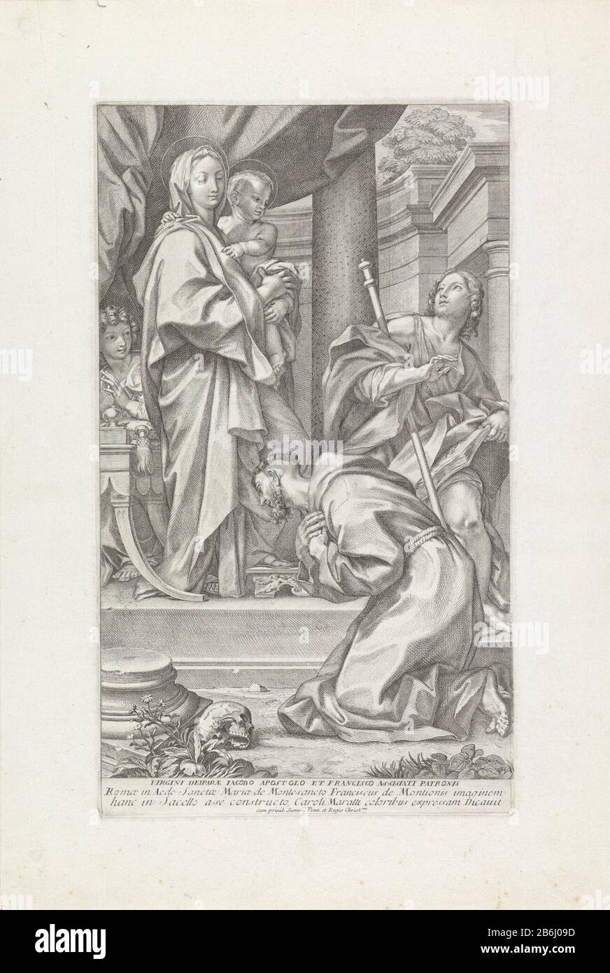 St. Franziskus und Jakobus der Größere zu Maria mit dem Christuskind Virginia deiparae Iacobo Apostolo et Francisco Assisiati Patronis (Titelobjekt) Maria ist mit dem Christuskind auf dem Arm auf einer Erhöhung. Eine Ebene nach unten kniet St. Franziskus. Right James ist Superior mit Personal und einem Blick. Hersteller : Druckerhersteller Giovanni Girolamo Frezzanaar Design: Carlo Maratti (börsennotiertes Eigentum) Privilegienanbieter: Papstgericht (denkmalgeschütztes Eigentum) Ort Herstellung: Druckerhersteller: Italien Zur Gestaltung: Italien Privilegienanbieter: Vatikan Datum: 1686 - 1748 Physische Merkmale: Fahrzeugmaterial: Papiertechnik: Enra (Printi Stockfoto