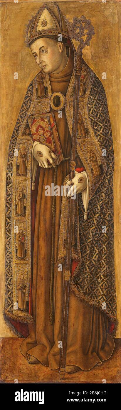 Der St. Louis von Frankreich, SK-A-3390 Der Saint Louis von Frankreich. Mit dem Krosier in der linken Hand und einem Buch in der rechten Hand stehen. Der Rand seines Umhang ist mit Bildern heiliger Franziskaner verziert. Anhänger von SK-A-3391. Hersteller : Maler: Vittore Crivelli Dating: 1481 - 1502 Physikalische Merkmale: Tempera auf Plattenmaterial: Plattentemperatur Abmessungen: Träger: H 127 cm. B × 41 cm Außenabmessungen: D 5 cm. (Einschließlich Träger SK-L-2459.) Subjekt Louis von Anjou, Sohn des Königs von Neapel, franziskanischer Friese und Bischof von Toulouse; mögliche Attribute: Fleur-de-LIS auf seinem Cope, Krone Stockfoto