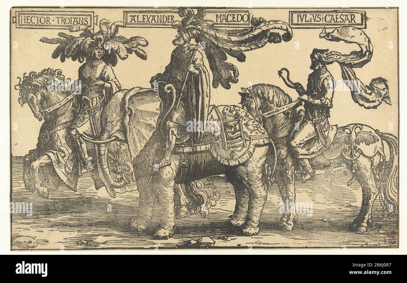 Die Helden Hektor von Troja, Alexander der Große und Julius Cäsar, die neun Helden (Serientitel) Einer von drei Holzschnitten, Teil des Frieses mit neun Helden. Drei Helden der Antike: Hektor von Troja und Julius Cäsar zu Pferd, Alexandre der Große auf einem Elefanten. Vor allem drei Rahmennaam. Hersteller : Druckerhersteller Lucas van Leyden Druckautor: Jacob Cornelisz. Von Oostsanen (zurückgewiesene Zuschreibung) Ort Herstellung: Niederlande Datum: 1518 - 1522 Physikalische Merkmale: Holzschnitt aktualisiert mit Pinselmaterial: Papiertechnik: Holzschnitt / Pinselabmessungen: Blatt: H 315 mm × W 508 mm Betreff: Hecto Stockfoto