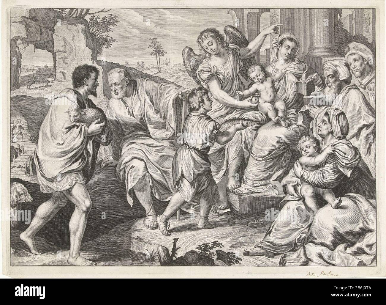 Die heilige Familie in Gesellschaft anderer In einer bergigen Landschaft ist Maria mit Christus auf dem Schoß. Sie liest ein Buch, während ein Engel Christus einen apfel schenkt und Tobias ihm einen Fisch zeigt. Joseph spricht mit einem Mann mit einem Lamm in seinen Armen und John Elizabeth hat ihren Sohn auf dem Schoß. Hinter Elizabeth stehen zwei Pelze. Hersteller : Druckmaschine: Jeremias Falck zum Malen von: Bonifazio Veronesenaar Gemälde von: Jacopo Palma (il Vecchio) (Namensnennung abgelehnt) Ort Herstellung: Drucker: Amsterdam Zum Malen von: Italien Zum Malen von: Italien Datum: 1655 - 1677 Physische Merkmale: Engra-Material: Papier Stockfoto