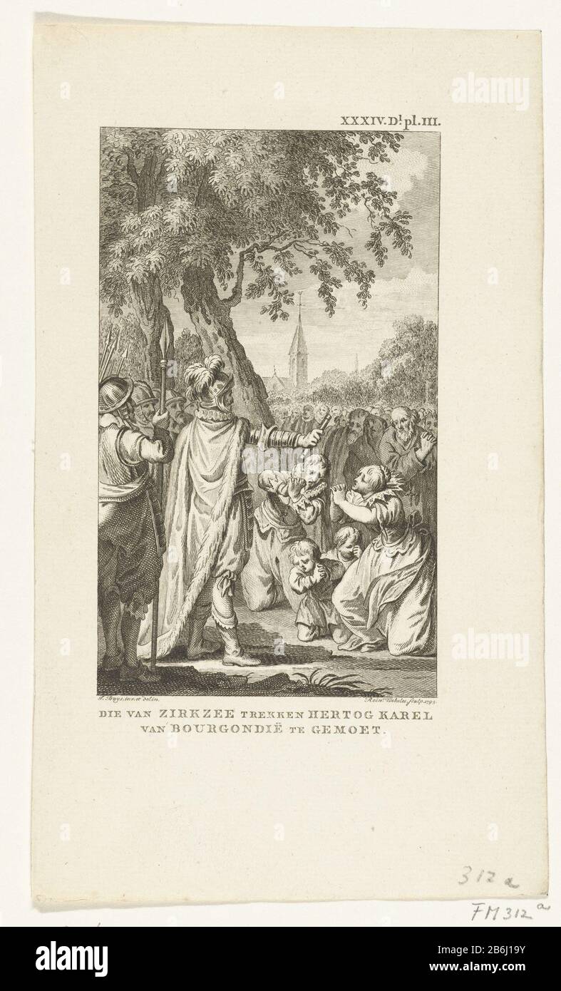 Die Einwohner von Zierikzee ziehen Karl den Kühnen zusammen und betteln den Herzog auf den Knien um Gnade, 1472. Hersteller: Druckmaschine: Reinier Vinkeles (I) (auf dem Objekt aufgeführt) zur Zeichnung von: Jacobus Kauft (auf dem Objekt angegeben) Ort Herstellung: Niederlande Datum: 165 Physikalische Merkmale: Ätzmaterial: Papiertechnik: Ätzmaße: Papier: H 225 mm × W 133 mmToelichtingatie für: James Cook, Vaderlandsch Dictionary, Johannes Allart, Amsterdam 85-1 799, 35 Teile, Bd. XXXIX, pl. III Mit dem Brief. Betrifft: Burgundisch in den Niederlanden, Wenn: 1472 - 1472 Stockfoto