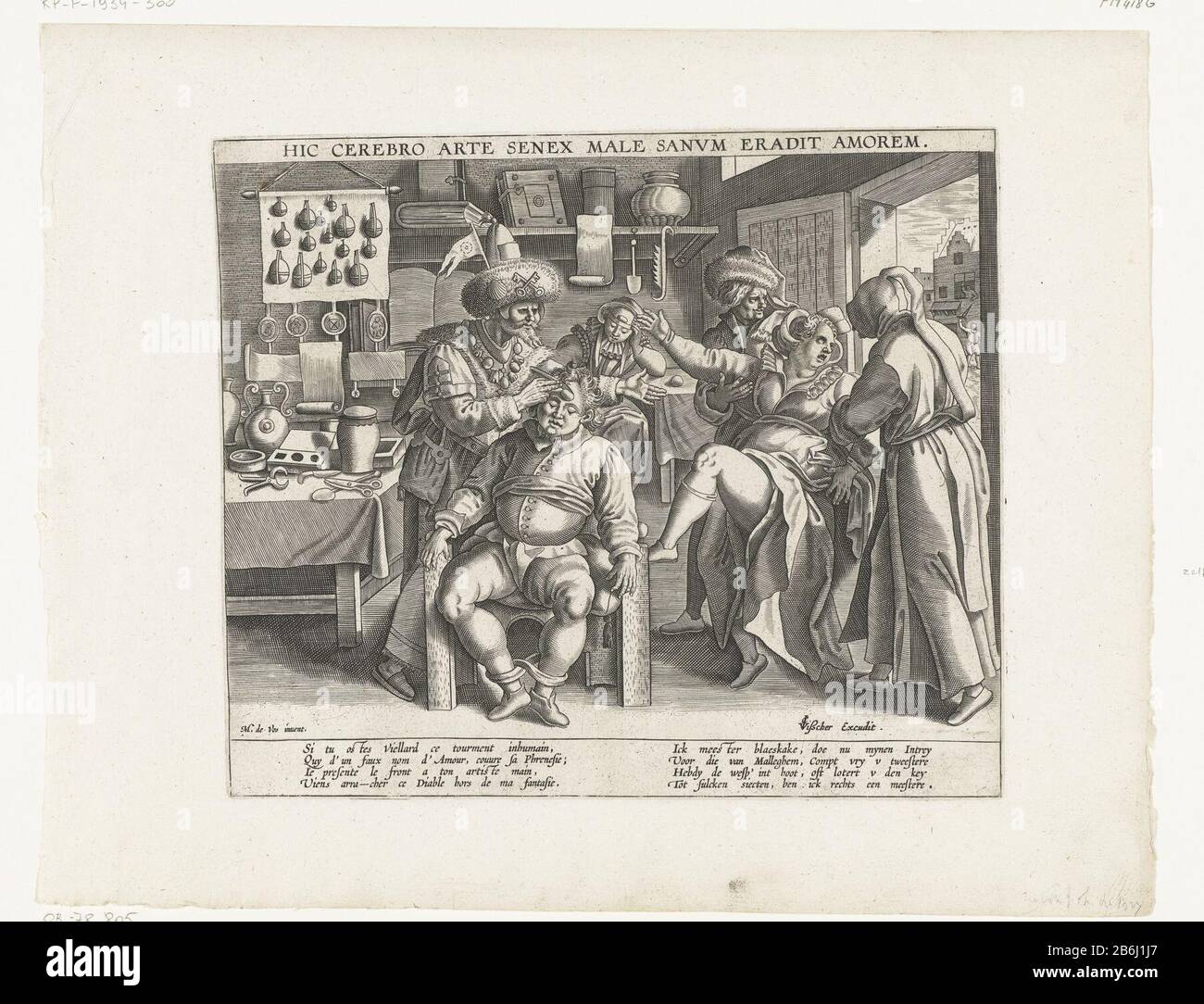 Der Keisnijder 1290: Der Keisnijder oder die Heilung des Felsens. Innenbereich Wo: Ein Quack ein Felsbrocken von der Stirn eines Mannes entfernt. Im Hintergrund wartet man auf eine Frau mit einem Stein in der Kopfwendung. Rechts brachte eine wütende Frau hinein. Mit der Unterschrift von vier Zeilen in französischer und vier Zeilen in niederländischer Sprache und einer Beschriftung einer Linie in der Latijn. Hersteller: Druckmaschine: Anonym zu entwerfen: Marten de vos (denkmalgeschütztes Gebäude) Verlag Claes Jansz. Visscher (II) (denkmalgeschütztes Gebäude) Herstellung: Druckmaschine: Niederlande Herausgeber: Amsterdam Datum: 1550 - 1599 Physische Merkmale: Fahrzeugmaterialien Stockfoto