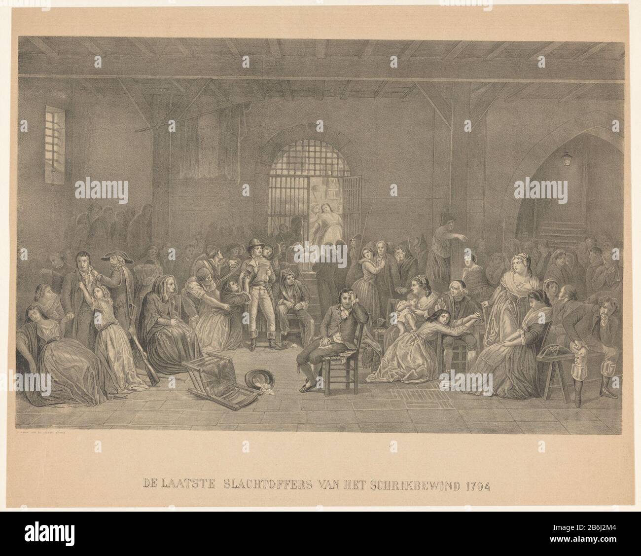 Die letzten Opfer des Terrors von 1704 (Titelobjekt) In einer überfüllten Zelle des Gefängnisses Saint-Lazare liest einem Mann die Namen der zum Tode Verurteilten vom 27. Juli 1794. Hersteller: Druckmaschine: Anonym zu malen von Charles Louis Lucien Muller Verlag: Joh. Liebe (Listed Property) Ort Herstellung: Druckmaschine: Niederlande Herausgeber: Utrechter Datum: 1850 - 1870 Physikalische Merkmale: Lithographisches Material: Papiertechnik: Lithographie (Technik) Abmessungen: Blatt: H 493 mm × W 620 mm Betreff: Gefangener in der Zelle oder verschlossene Platzverzweiflung (oder Person unter Todesurteil) Todesstrafe, executionFranse Rev Stockfoto
