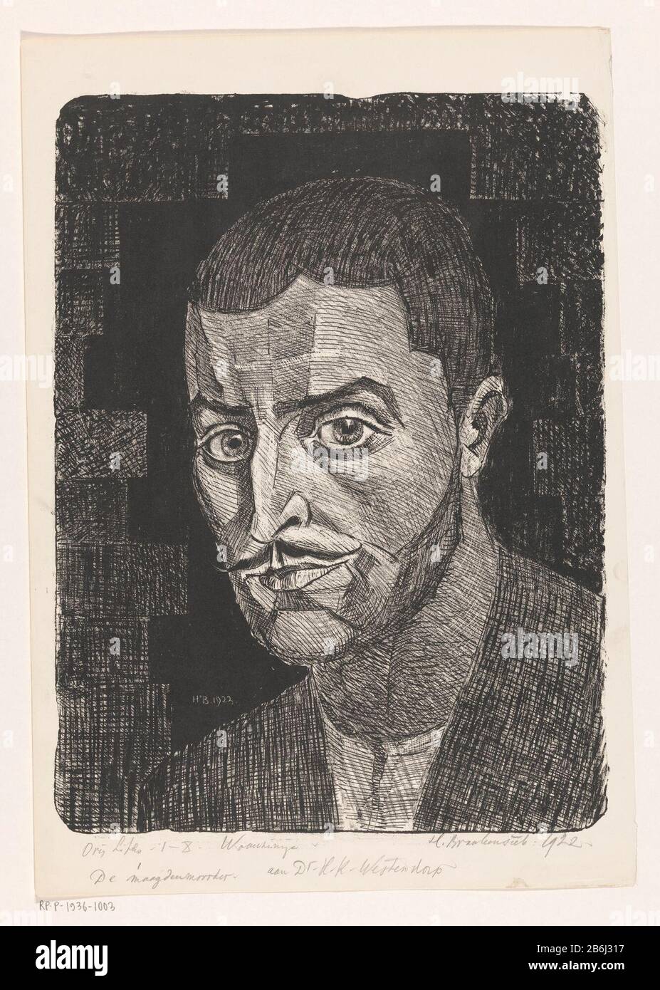 Das maagdenmoorder (Originaltitelobjekt) Madwomen (Titelobjekt der Originalserie) Porträt eines Mannes mit Schnor. Hersteller : Druckerhersteller Henri Braakensiek (persönlich unterzeichnet) Datum: 1922 Material: Papiertechnik: Lithographie (Technik) Abmessungen: Blatt: H 500 mm × W 348 mm Betreff: Anonyme historische Person Allein Mörder Schnurrbart Dargestellt Stockfoto
