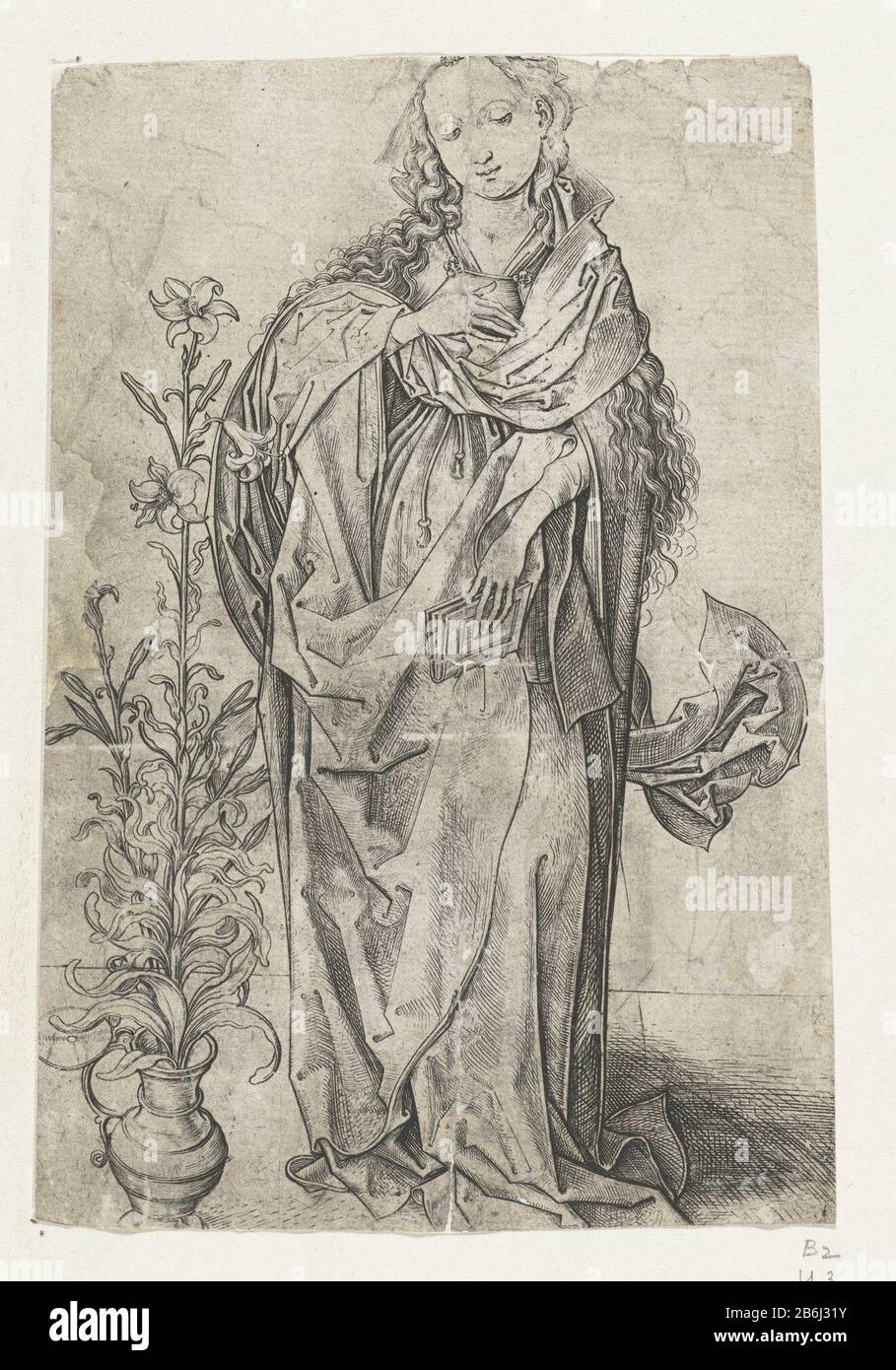De Jungfrau Maria Annunciatie (serietitel) Die Jungfrau Maria, ein Buch in der Hand, das neben einer Lilie in einer Vase steht. Anhänger eines Bildes des Engels Gabriël. Hersteller : Druckerhersteller Martin Schongauer (Listed Property) Herstellung: Deutschland Datum: 1470 - 1490 Physikalische Merkmale: Fahrzeugmaterial: Papiertechnik: Enga (Druckverfahren) Abmessungen: Blatt: H 158 mm × W 107 mm Betreff: Die Ankündigung: Maria Benthische, normalerweise lesend, wird vom Engel besucht (manchmal hört eine Frau das Gespräch) Stockfoto