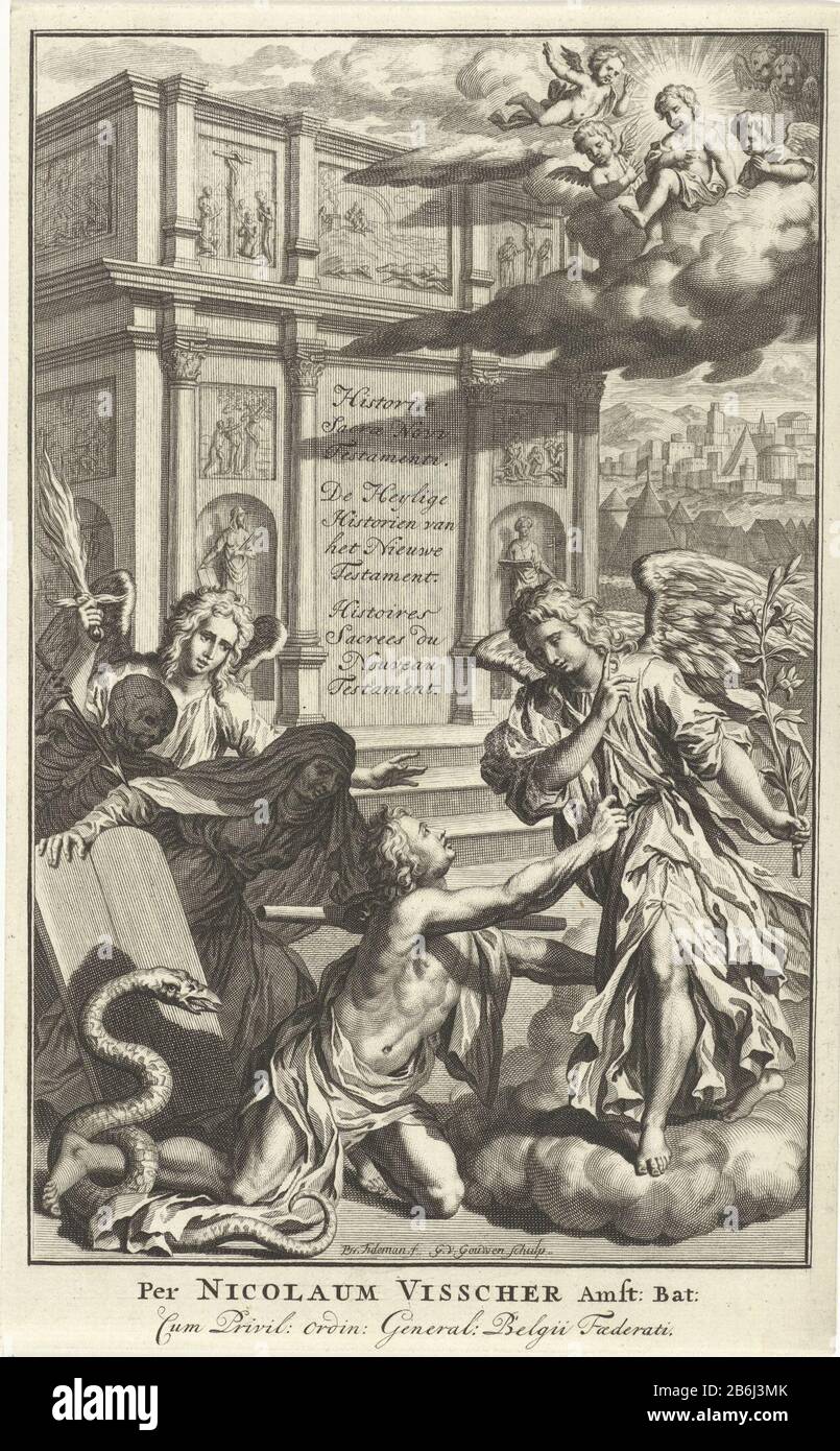 Vor dem Engel Gabriel sitzt ein Mann bettelnd auf den Knien. Neben ihm Figuren aus der Bibel, der Schlauch von Eden, eine Frau mit den beiden Gesetzestafeln, dem Tod und dem Engel mit dem schweren Flamen: D. Das Luch, das Christuskind, umgeben von Engeln. Im Hintergrund ein Denkmal mit Szenen aus der Bibel und dem Titel des Boekwerks. Hersteller: Druckmaschine: Gilliam van der Gouwen (denkmalgeschütztes Gebäude) Druckmaschine: Philip Tidemann (denkmalgeschütztes Gebäude) Herausgeber: Nicolaes Visscher (II) (auf dem Objekt aufgeführt) Anbieter von Privilegien: Dutch Republic (börsennotiertes Eigentum) Herstellung: Amsterdam da Stockfoto