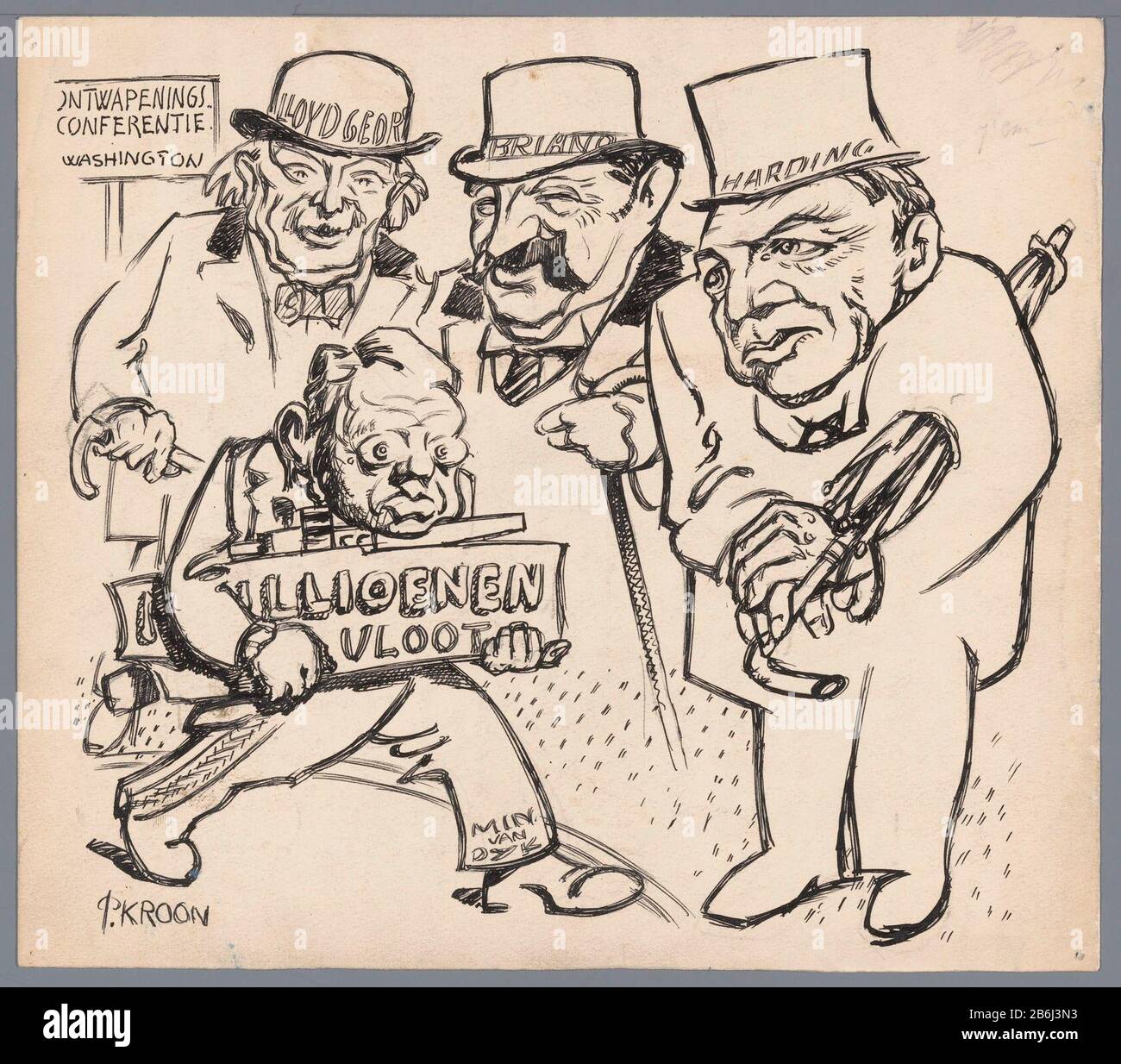 Die Flotte Million, 1922 Marine Doove Minister (Titelobjekt) Der ausländische Führer David Lloyd George, Aristide Briand und Warren Harding beaufsichtigen trotz der Abrüstungskonferenz in Washington (Nov. 1921-Februar 1922), der niederländische Marineminister JJC van Dijk milijoen für die Flotte, 1922. Design für einen politischen Spott. Hersteller: Künstler: Patricq Crown (persönlich unterzeichnet) Ort Herstellung: Niederlande Datum: 1922 Physische Merkmale: Stift in schwarzem Material: Papiertechnik: Stiftabmessungen: H 221 mm × W 250 mm Datum 1922 - 1922 Stockfoto