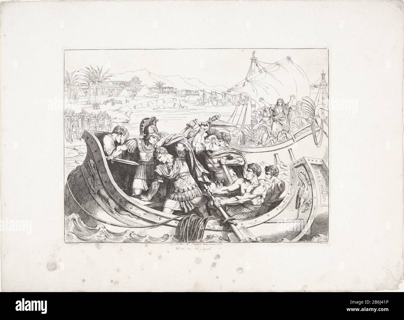 Der Mord an Pompey Morte di Pompeo (Titelobjekt) Geschichte des römischen Imperiums (Serientitel) Frontespizio Istoria della Romana (Serientitel) Nachdem Pompey in der Schlacht von Pharsalus besiegt wurde, floh er nach Ägypten. Pompey wurde von römischen Soldaten im Boot zwischen seiner Galeere und der Küste Ägyptens ermordet. Hersteller : Druckmaschine: Bartolomeo Pinelli (denkmalgeschütztes Gebäude) in seiner Gestaltung: Bartolomeo Pinelli (denkmalgeschütztes Eigentum) Ort Herstellung: Rom Datum: 1701 bis 303 und / oder 186 Physikalische Merkmale: Ätzmaterial: Papiertechnik: Ätzmaße: Plattenkante: H 314 mm × W 424 mmToelichtingD Stockfoto