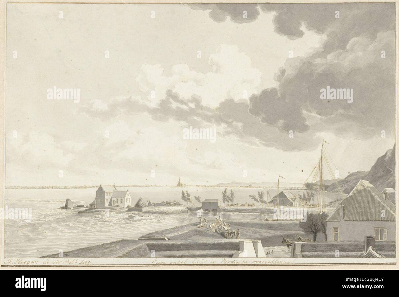 Der überflutete mit oooijpolder in der Entfernung Persingen, 1809 Der überschwemmte oooijpolder in der Entfernung Persingen, 1809 Objekttyp: Zeichnung Objektnummer: RP-T-1894-A-2878Catalogusreferentie: FMH 5766-AOpperking: (Hinzugefügte Nummer RPK) Markierungen / Marken: Beschriftung, unter, handschriftlich "kein Veldhuijs in der Presse links" Beschreibung: Inge! Der überschwemmte oooijpolder in der Entfernung Persingen während der Wassernovon Januar 1809. Hersteller: Künstler: Henry Hoogers (persönlich signiert) Ort Herstellung: Niederlande Datum: 1809 Physische Merkmale: Stift in Braun, Bürste und grauem Material: Papiertinte Technik: Stift / bru Stockfoto
