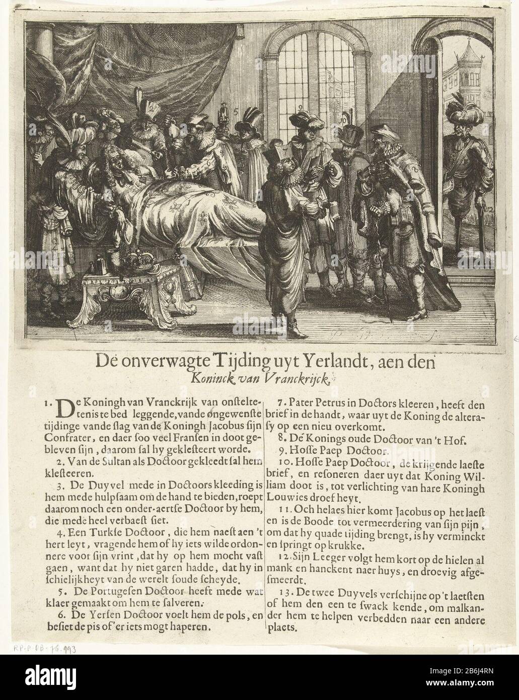 Die unerwartete Nachricht aus Irland, 1690 Der Schmutz wagte Tijding uyt Yerlandt, aen der Koninck von Vranckrijck (Titelobjekt) unerwartete Nachrichten aus Irland. König Ludwig IV. Ist krank im Bett, nachdem er die Nachricht von der Niederlage von James II. Und der katholischen Armee in der Schlacht am Boyne am 11. Juli 1690 erhalten hatte. Ärzte und Höflinge, die um das Bett des Königs standen, ließen zwei türkische Ärzte stehen und schlossen ein Enema ab, um den König zu heilen. Rechts vom Bett steht eine Gruppe von Höflingen, Wo: Vater Peters unter den Nachrichten über den angeblichen Tod von König Wilhelm III Rechts kommt mit Turban, Holzbein und Krücke J Stockfoto