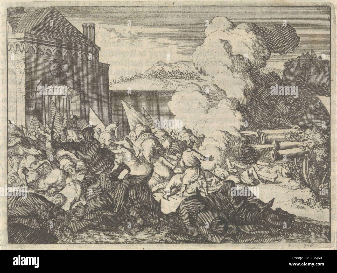 H des weerelds, van den der aenvangh scheppingh bis (...) 1576 (2 Teile). Leiden: Pieter van der Aa, 1698, Bd. I, S. 7. Betrifft: Einbrechen in die Stadt oder die Festung  siegeasiatische Rassen und Völker: Dampf Wird angegriffen; Verteidigung (+ während der Schlacht) Schusswaffen: Kanone (+ während der Schlacht), Wenn: 1592 - 1592 Stockfoto