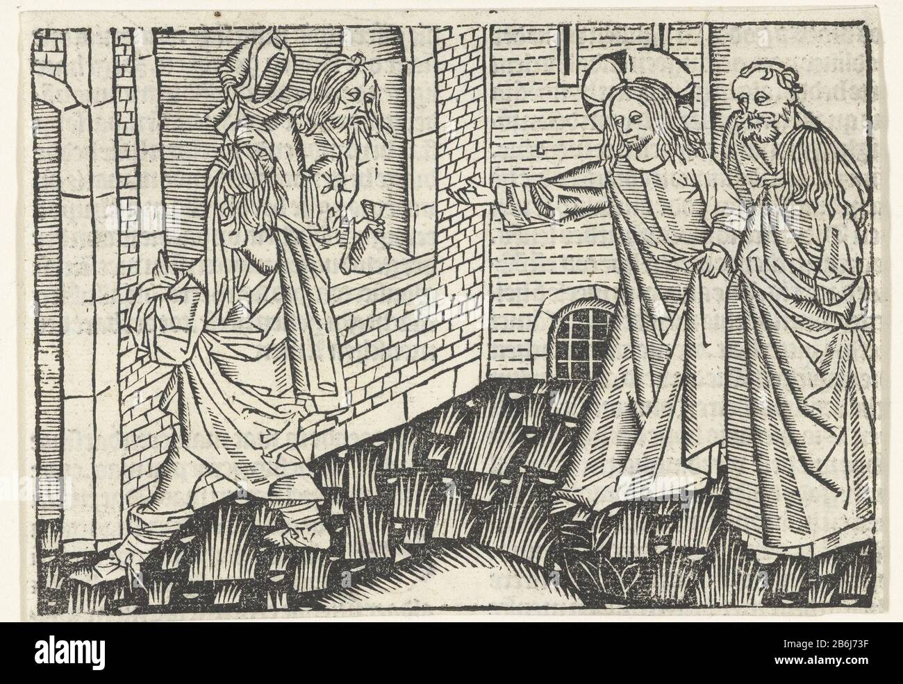 Die Berufung von Matthew Mattheus mit Geld in der Hand, hängt Fenster aus. Christus an seiner Seite, Peter und ein anderer Schüler, winkt. Hersteller Unbekannter Meister von Delft (zugeschrieben) unbekannt: Meister Delbecq-Schreiber-Passion (zugeschrieben) unbekannt: Meister der Jungfrau Inter Virgines (zugeschrieben) Ort Herstellung: Niederlande Datum: 1480 - 1500 und/oder 1503 Physische Merkmale: Holzschnittmaterial: Papiertechnik: Holzschnittmaße: Bild: H 99 mm × W 141 mmToelichtingEén Blatt 113 von Ludolph the Saxonia, das es dleué US loly Gentlemen ihesu christi. Anonyme niederländische Übersetzung. Publishe Stockfoto