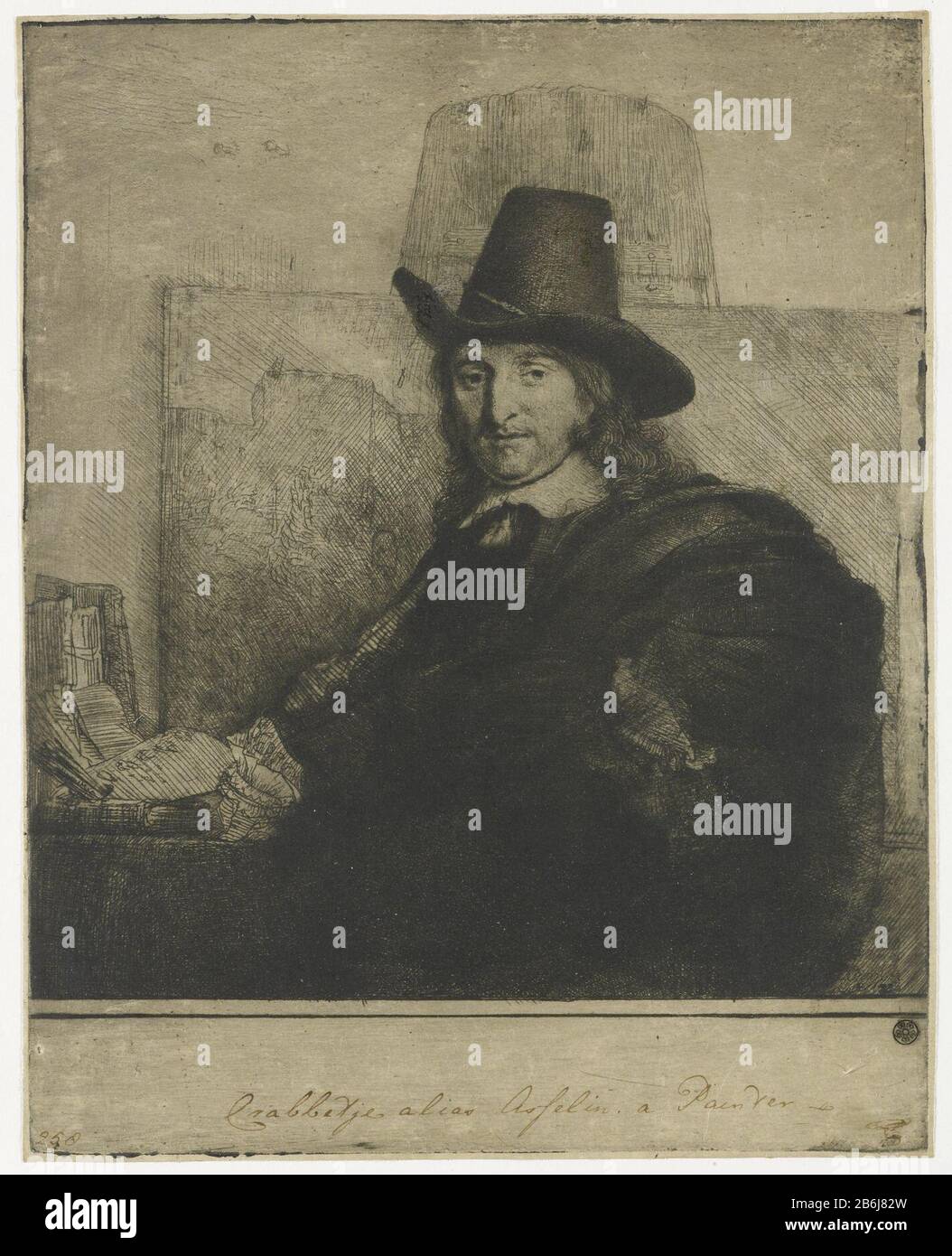 Der Maler Jan Asselijn Crabbetje Der Maler Jan Asselijn Crabbetje Objektart: Bild-Artikelnummer: RP-P-ob-553Catalogusreferentie: New Hollstein Dutch 236-1 (7) Bartsch 277-1 (3) Hollstein Dutch 277-1 (3) Markierungen / Marken: Unterschrift und Datum, unten rechts: "Rembrandt / 16 unten" Lugt 2775 Sammlermarke unten rechts: Lugt 2173opschrift, unten Mitte, Stift und braun, "Crabbetje alias Asselin a Painter'handschrift von P. Remy Title, links unten, Stift in Braun: Lugt 258 Sammlermarke, links unten, gestempelt: 240 Hersteller: Druckerhersteller Rembrand Stockfoto