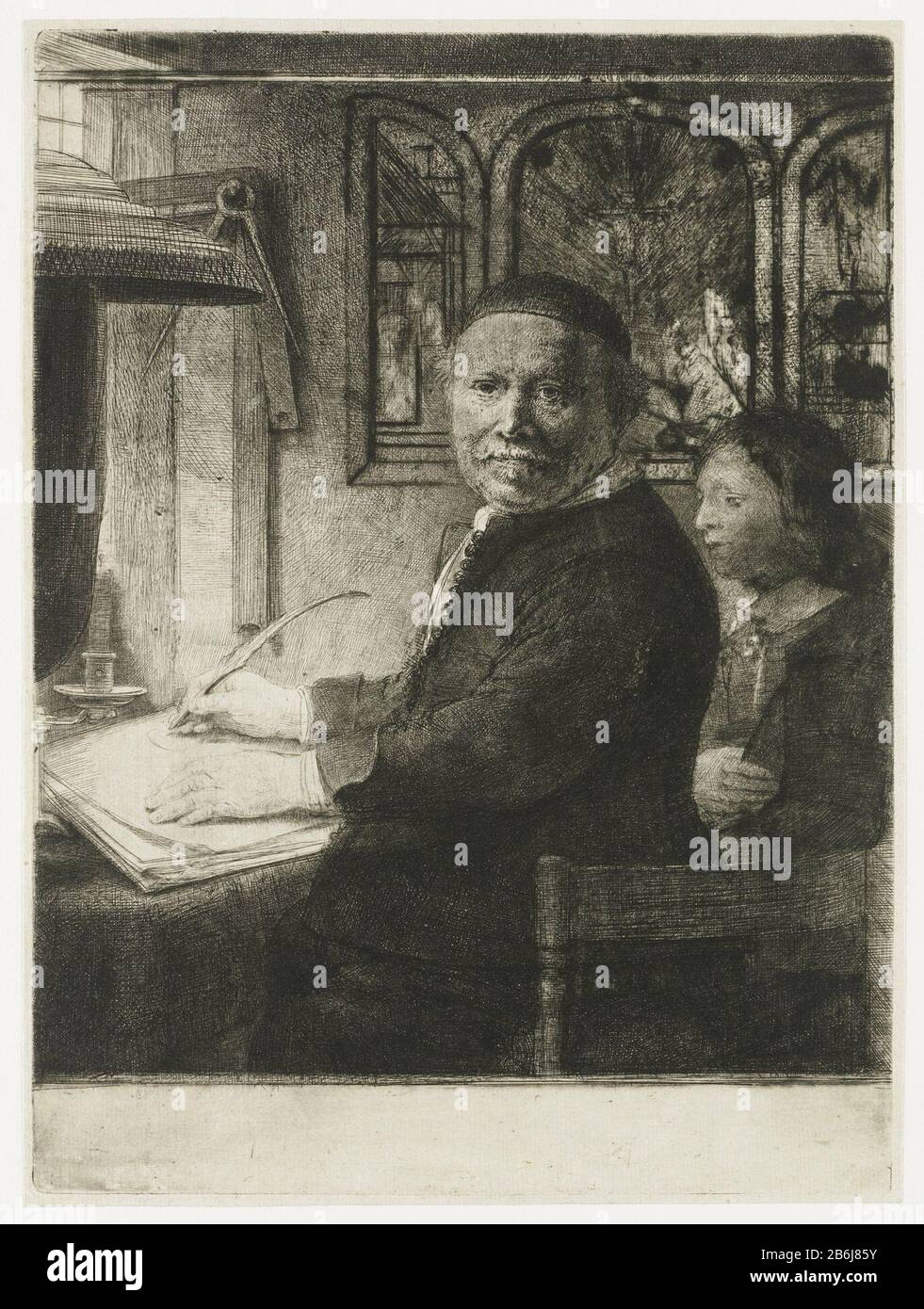 Der Schreibmeister Lieven Willemsz von Coppenol Small Plate, der kleine Coppenol Der Kalligraph Lieven Willemsz. Von Coppenol: Kleine Zopfensache kleines Coppenol Objekttyp: Bild Artikelnummer: RP-P-ob-574Catalogusreferentie: Neues Hollstein Dutch 305-4 (7) 282-4 Bartsch (6), Stempel Hollstein (unten): Hollstein) Lugt 240 Hersteller : Druckmaschine: Rembrandt van Rijn zu eigenem Entwurf von Rembrandt van Rijn Datum: 1656 - 1660 Physikalische Eigenschaften: Ätzung, Trockenpunkt und Burin, gedruckt mit hellem Plattentonmaterial: Papiertechnik: Radierung / Trockenpunkt Stockfoto