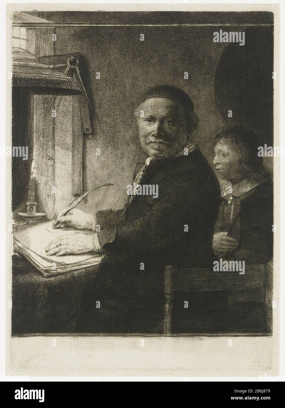 Der Schreibmeister Lieven Willemsz von Coppenol Small Plate, der kleine Coppenol Der Kalligraph Lieven Willemsz. Von Coppenol: Kleine Zopfensache Small Coppenol Objekttyp: Bild Artikelnummer: RP-P-ob-573Catalogusreferentie: Neuer Hollstein Dutch 305-3 (7) 282-3 Bartsch (6), Stempel unten Hollstein (2): Hollstein) Lugt 240opschrift, links unten, Stift und Braun, "aaa: CV" Hersteller: Druckmaschine: Rembrandt van Rijn zu eigenem Entwurf von Rembrandt van Rijn Datum: 1656 - 1660 Physikalische Merkmale: Radierung, Trockenpunkt und Burijn Material: Papiertechnik: ET Stockfoto