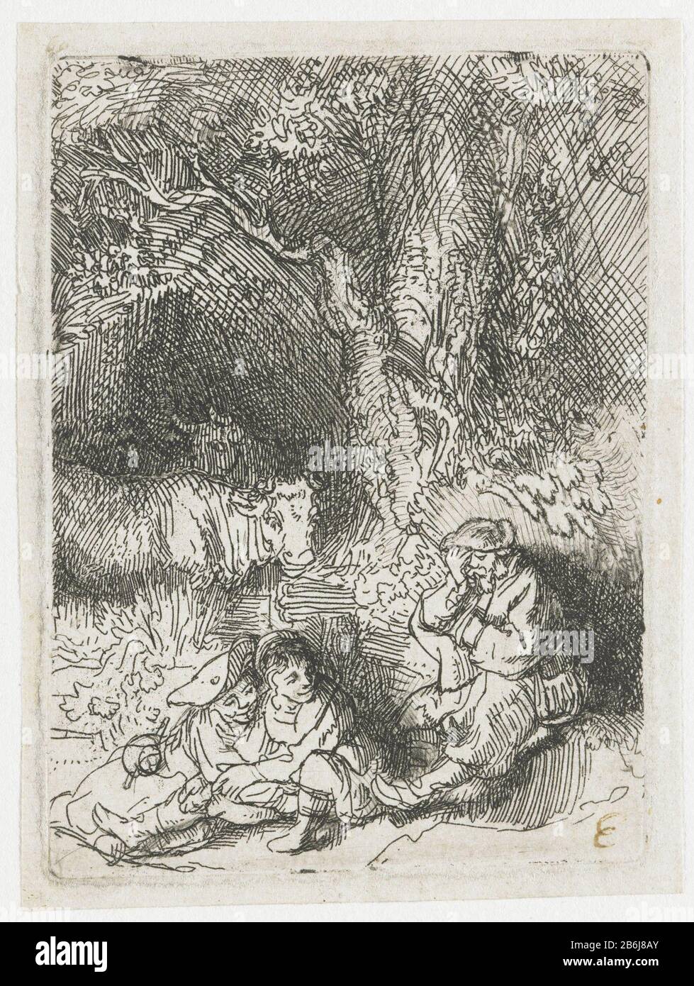 Der schlafende Hirte Der schlafende Hirte Objektart: Bild Artikelnummer: RP-P-ob-635Catalogusreferentie: New Hollstein Dutch 217-1 (1) Bartsch 189-1 (1) 189-1 Hollstein Hollstein Dutch (1) Markierungen / Marken: Beschriftung, unten rechts, Stift in Braun: "E" Sammlermarke, verso unten links, gestempelt: Lugt 240 Hersteller: Druckmaschine Rembrandt van Rijn nach eigenem Entwurf: Rembrandt van Rijn Datum: 1642 - 1646 Physikalische Merkmale: Radierung und Burijn Material: Papiertechnik: Radierung / Burijn Abmessungen: H 79 mm × 58 b mm Betreff: Schlafen; Bewusstlosigkeit Stockfoto
