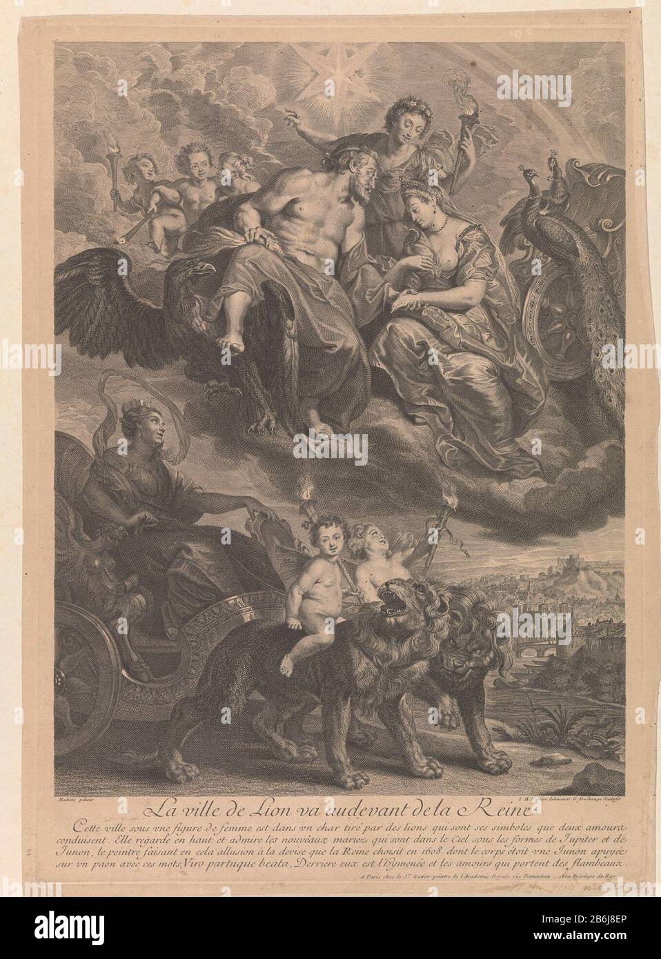 Die Stadt Lyon, die Königin traf La ville de Lion audevant va de la Reine (Titelobjekt) Stadtjungfrau von Lyon Streitwagen gezeichnet von zwei Löwen. Im Himmel Jupiter und Juno. Allegorie auf die Begegnung von Marie de 'Medici mit Heinrich IV. In Lyon im Jahre 1608. Lose drucken Sie die Rückseite des Albums aus. Hersteller: Druckmaschine: Gaspard Duchange (denkmalgeschütztes Eigentum) zum Gemälde von Peter Paul Rubens (denkmalgeschütztes Eigentum) zum Zeichnen: Jean-Baptiste Nattier (denkmalgeschütztes Gebäude): Jean-Baptiste Nattier (denkmalgeschütztes Eigentum) Privilegien-Anbieter: Französische Krone (denkmalgeschütztes Eigentum) Herstellung: Druckmaschine: Frankreich Herausgeber: Paris Datum: 167 Stockfoto