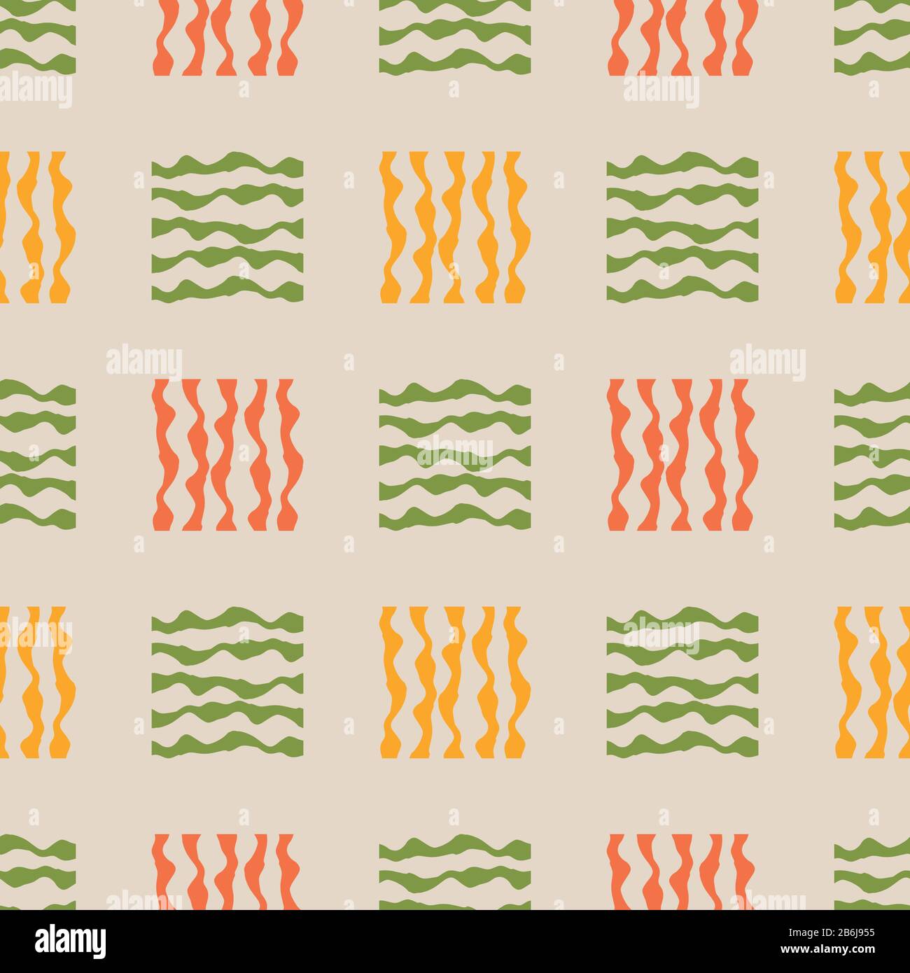 Vektor abstrakter Gingham nahtloser Hintergrund des Musters. Kleine orangefarbene, grüne Quadrate. Schmerzhaft unregelmäßige Formen geometrische Wiederholung. Moderne Kunst Stock Vektor