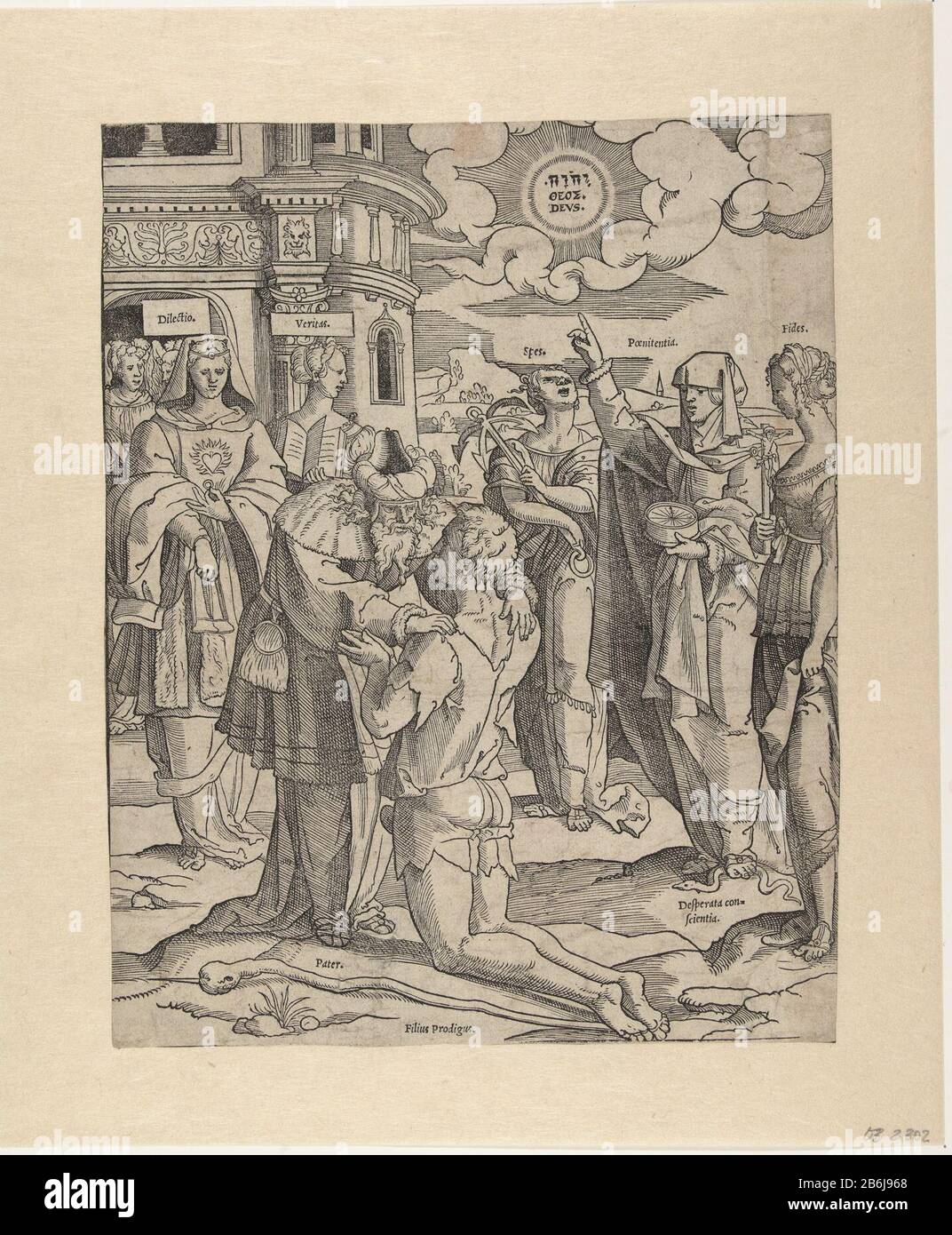 Die Rückkehr des verehrenden Sohnes Allegorie des verehrenden Sohnes (Serientitel) Eine Serie von sechs. Sohn (Filius prodigus) kniete und umarmte den Vater (Vater). Um sie herum Liebe (dilectio) Wo: Einheit (Veritas), Hoffnung (Spes), Reue (Buße), die Verzweiflung (Desperata gewissenhaft a) und Glauben (Fides) trampelte. Sonnenhimmel mit dem Wort Gott in hebräischen, griechischen und lateinischen Buchstaben. Hersteller : Druckerhersteller Cornelis Anthonisz.Plaats Herstellung: Niederlande Datum: 1535 - 1545 Physische Merkmale: Holzschnittmaterial: Papiertechnik: Holzschnittmaße: Blatt: H 267 mm × W 211 mm Betreff: Der verspottene Sohn kniet Stockfoto