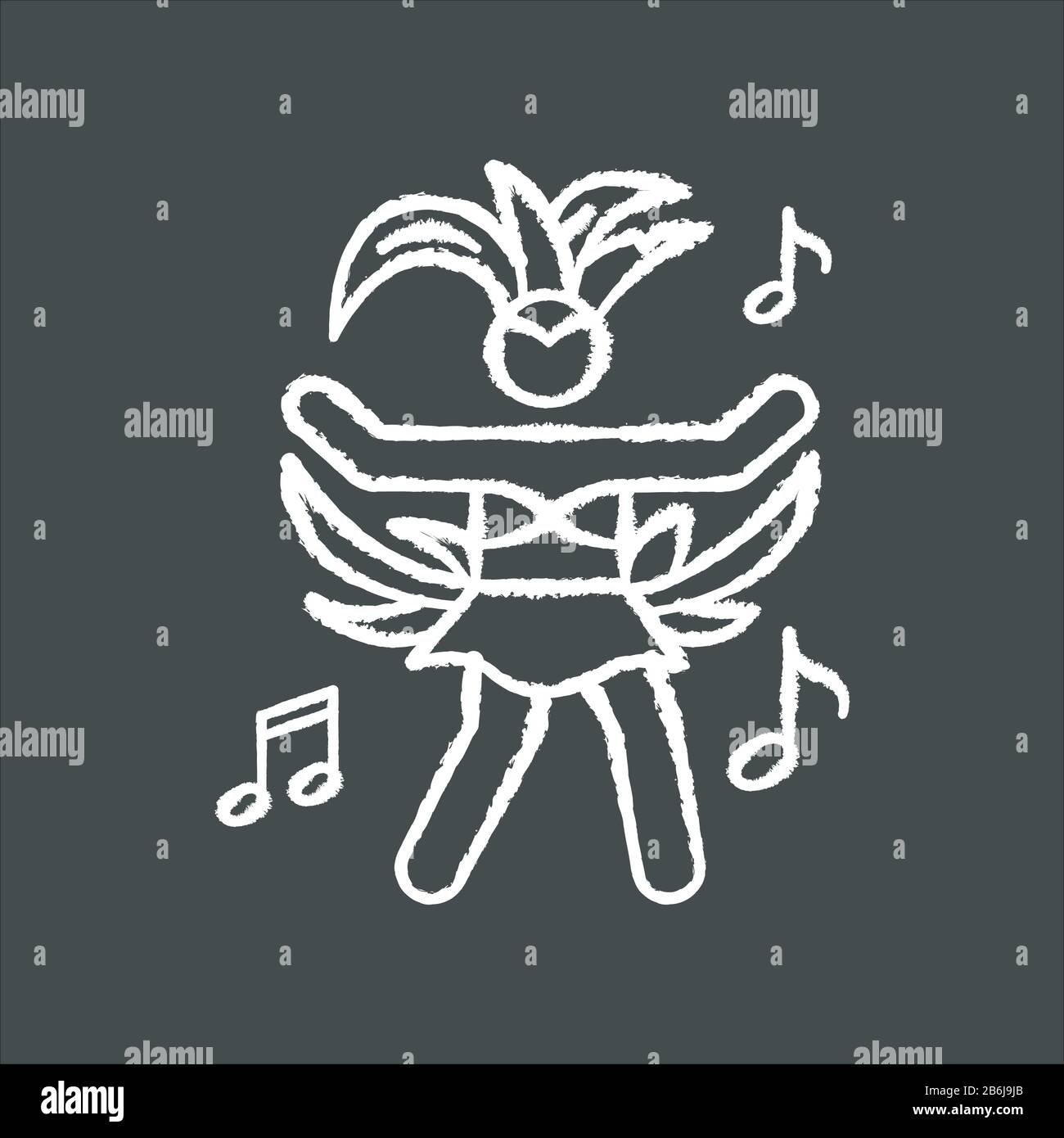 Tanzende Dame kreideweiß Ikone auf schwarzem Hintergrund. Samba. Damen Karneval Kostüm. Volksfest. Nationalfeiertag. Maskenumzug. Isoliert Stock Vektor