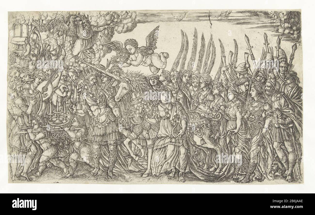 Der Triumph der Einhorn Die Einhorn (Serientitel) Triumphzug mit dem Einhorn, angeführt von einem König und einer Königin, gefolgt von Frauen mit Palmzweigen und Soldaten. Richtig Musik machen Männer und Frauen. In einer Wolke am Himmel Gott der Vater als Zeus, mit dem Heiligen Geist als Adler. Zusammen mit dem Einhorn und dem Sohn wird die heilige Dreifaltigkeit dargestellt. Einhorn und gekrönt von einem Engel mit einem Kranz aus Eichenblättern. Fünftes Bild aus einer Reihe von Tests. Hersteller : Druckerhersteller Jean Duvetnaar eigenes Design: Jean DuvetPlaats Herstellung: Frankreich Datum: 1540 - 1550 Physische Merkmale: Fahrzeugmaterial: Papier-Techni Stockfoto