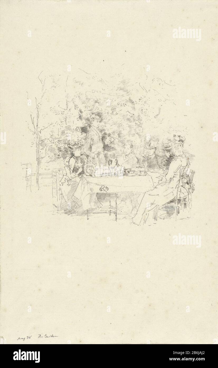 Die Whistler Garden Company während des Tees im Garten der Künstler. Um den Tisch von links nach rechts: Die Frau von Brandon Thomas, Walter Sickert, Sidney Starr, Brandon Thomas, Beatrix Whistler und Ethel Birnie Philip. Hersteller : Druckerhersteller James Abbott McNeill Whistler (denkmalgeschütztes Gebäude) Drucker: Thomas Robert WayPlaats Herstellung: Druckmaschine: England Herausgeber: London Datum: Jun. 1981 Physikalische Merkmale: Lithographisches Material: Papiertechnik: Lithographie (Technik) Abmessungen: Blatt: H 361 mm × W 230 mmToelichtingWhistler's Haus war in Cheyne Walk, Chelsea. Die Theevisie fand i. Stockfoto