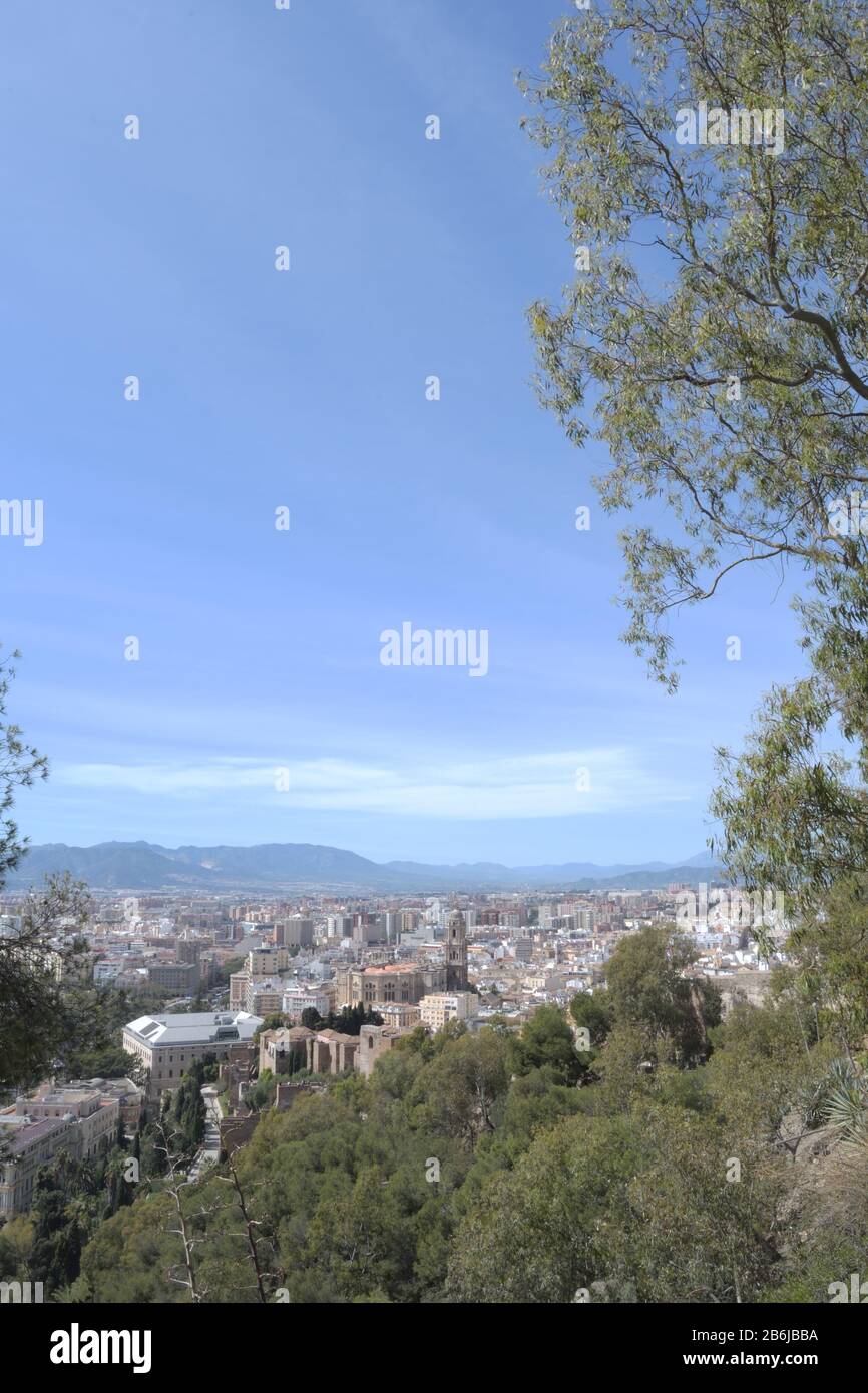 Kathedrale von Malaga und Stadt Málaga vom Aussichtspunkt Gibralfaro ein sonniger Tag, Spanien Stockfoto