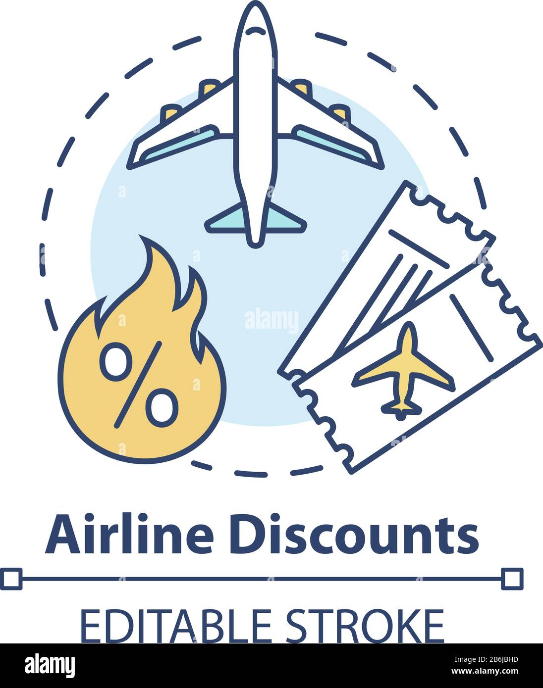 Symbol für das Konzept der Rabatte von Fluggesellschaften. Erschwingliche Reise, Budget Tourismus Idee Thin Line Illustration. Sonderangebot für die Luftverkehrsgesellschaft, günstige Tickets. Vektor Stock Vektor