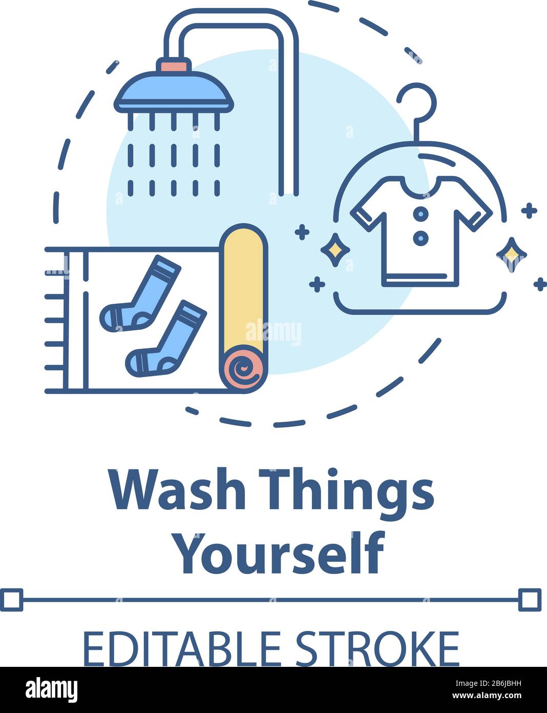 Symbol "Dinge selbst waschen". Selbstwäsche, Reinigung der eigenen Kleidung Idee dünne Linie Illustration. Tipps zum Geldsparen für Touristen. Vektor isoliert Stock Vektor